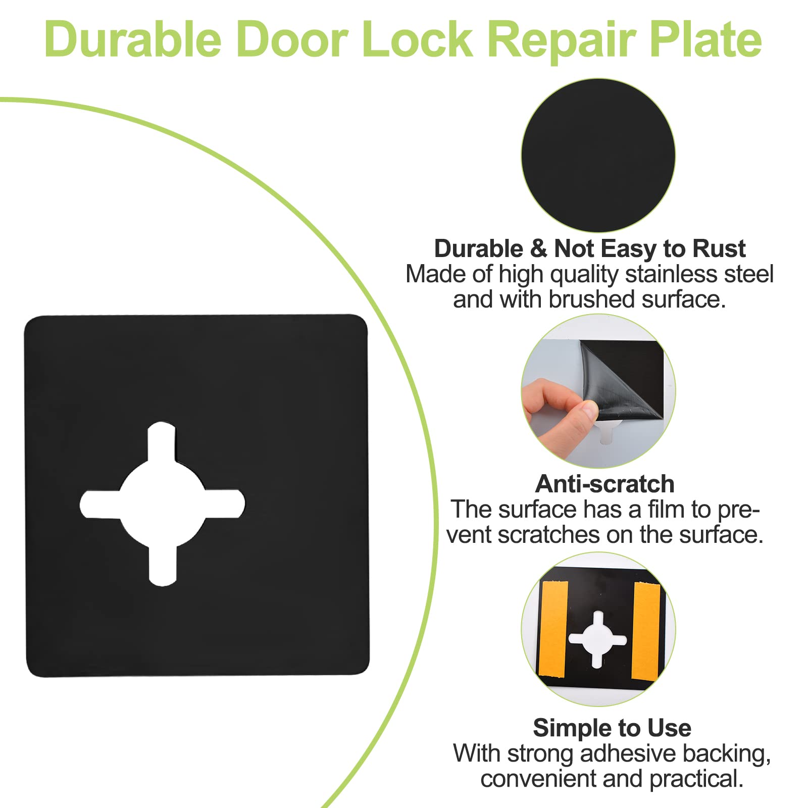 4Pcs Stainless Steel Self-Adhesive Door Lock Repair Plates - Black Split Door Knob & Lever Fixing Brackets for Secure Handle Reinforcement (Ideal for Loose Door Handles, Cabinet Repairs & DIY Home Maintenance)