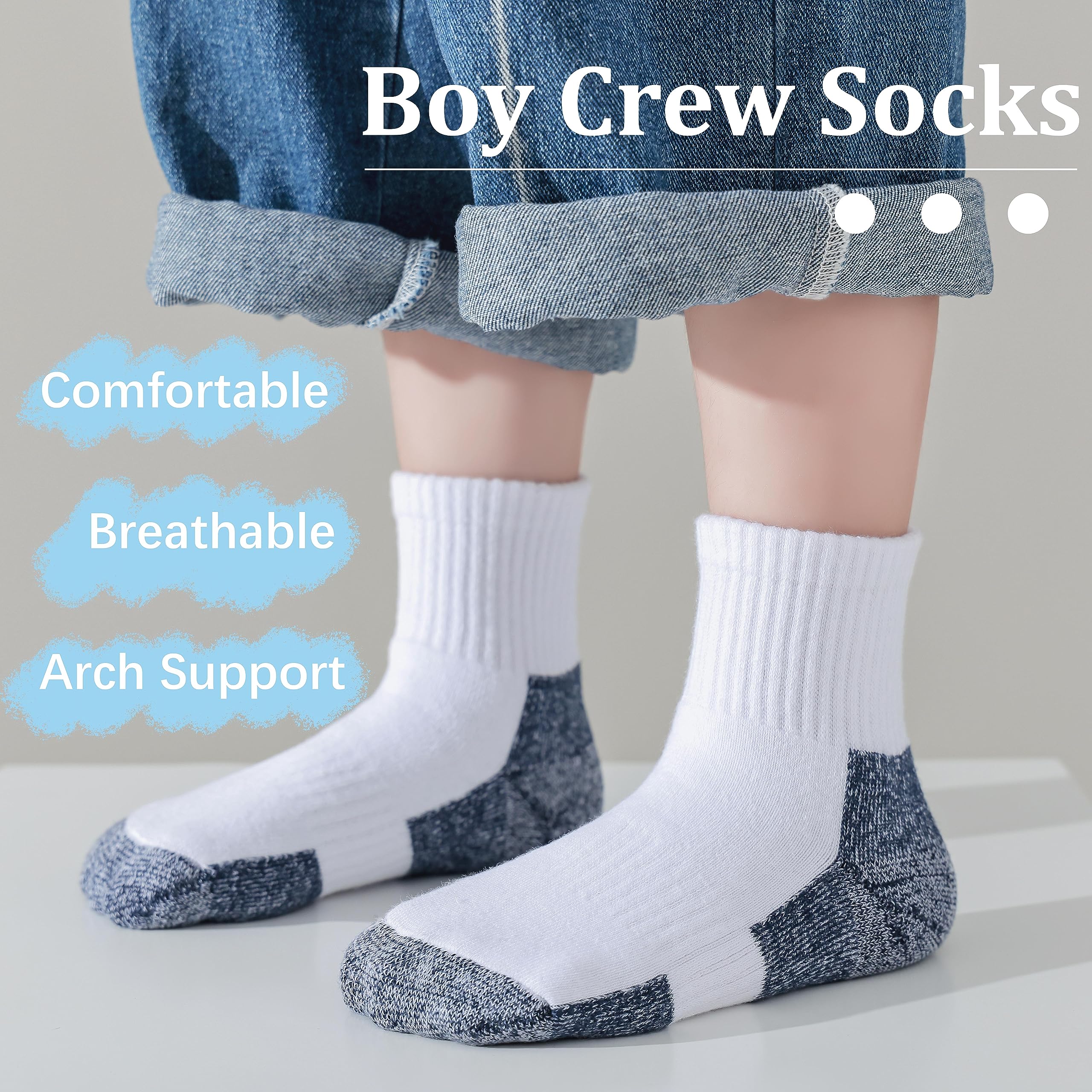 Marchare Boys & Girls Athletic Running Socks - 6 Pack Cushioned Crew Socks for Kids, Thick Cotton Sports Socks in Black/White/Grey - Perfect for School, Sports & Daily Activities