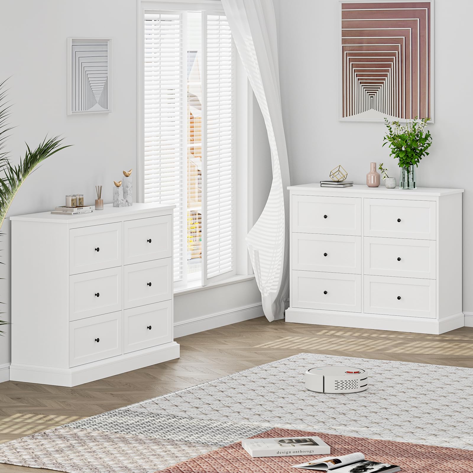 Modern White 6-Drawer Dresser with Deep Storage - Double Chest Organizer Cabinet for Bedroom, Living Room & Home Decor - Spacious Dresser for Clothes, Linens & Accessories