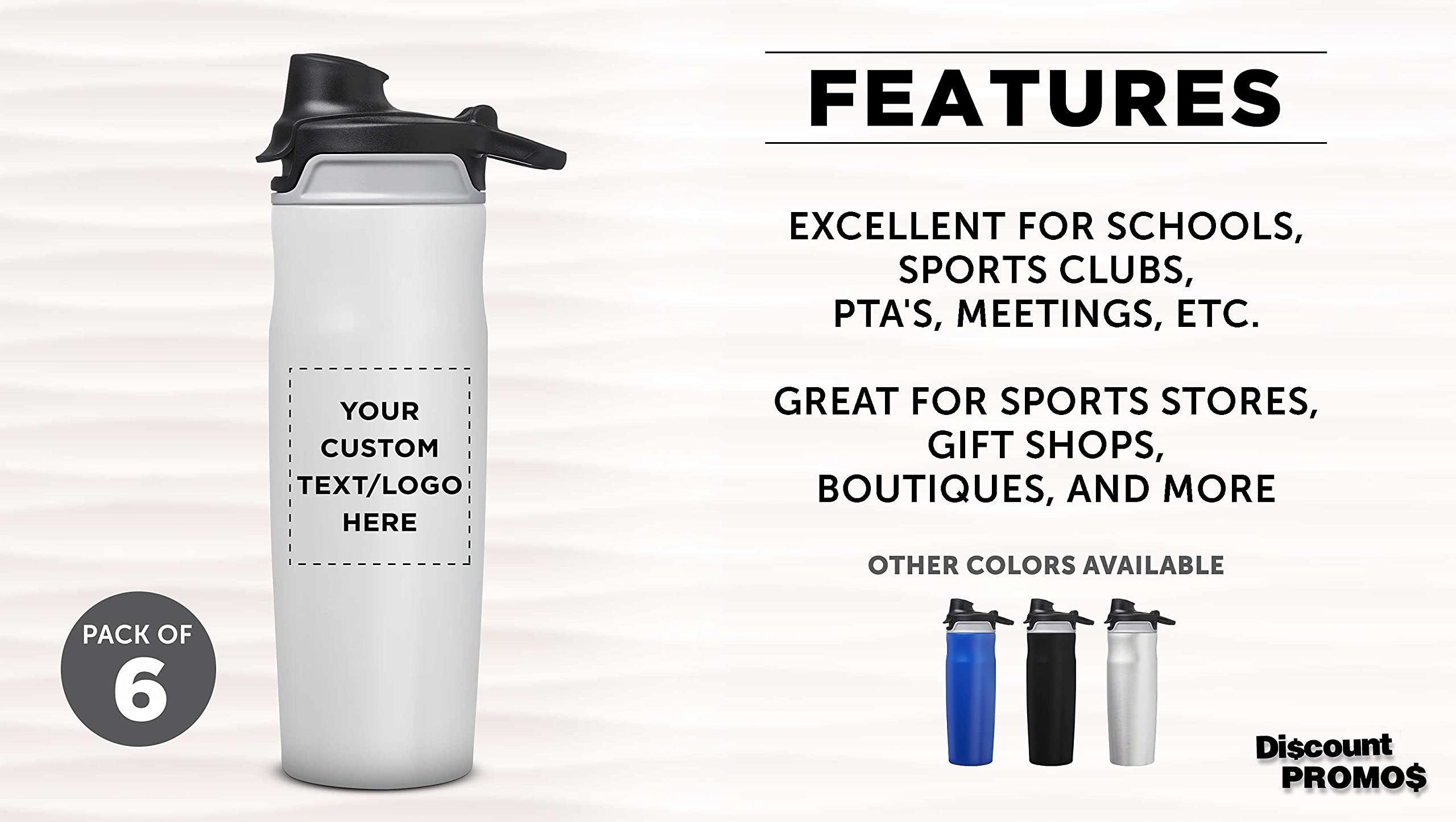 Custom Juno 20 oz Water Bottles with Flip Lid - Set of 6 Reusable Personalized Bottles for Gym, Hiking, Cycling & School - Bulk Pack Promo - White - Perfect for Sports, Outdoor Activities & Daily Hydration