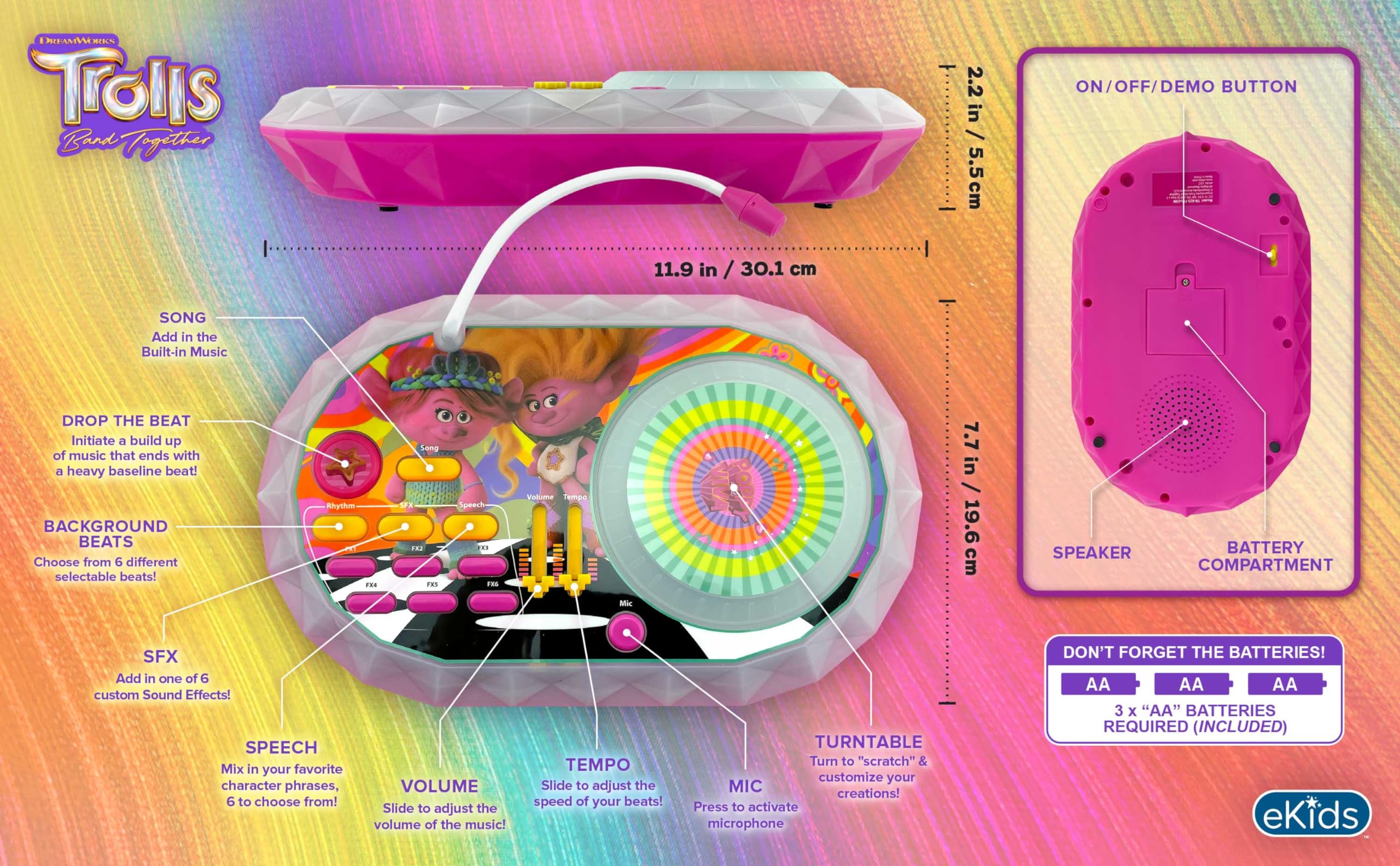 eKids Trolls DJ Turntable Toy with Microphone - Fun Party Mixer for Kids & Fans
