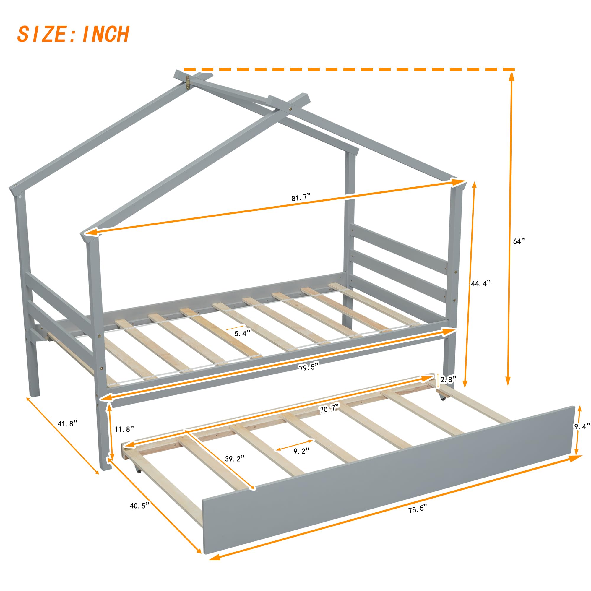 Montessori Twin House Bed with Trundle - Solid Wood Playhouse Bed Frame with Slats Support for Kids, Teens, Boys & Girls - Gray - Perfect for Bedrooms, Playrooms & Montessori Learning Spaces