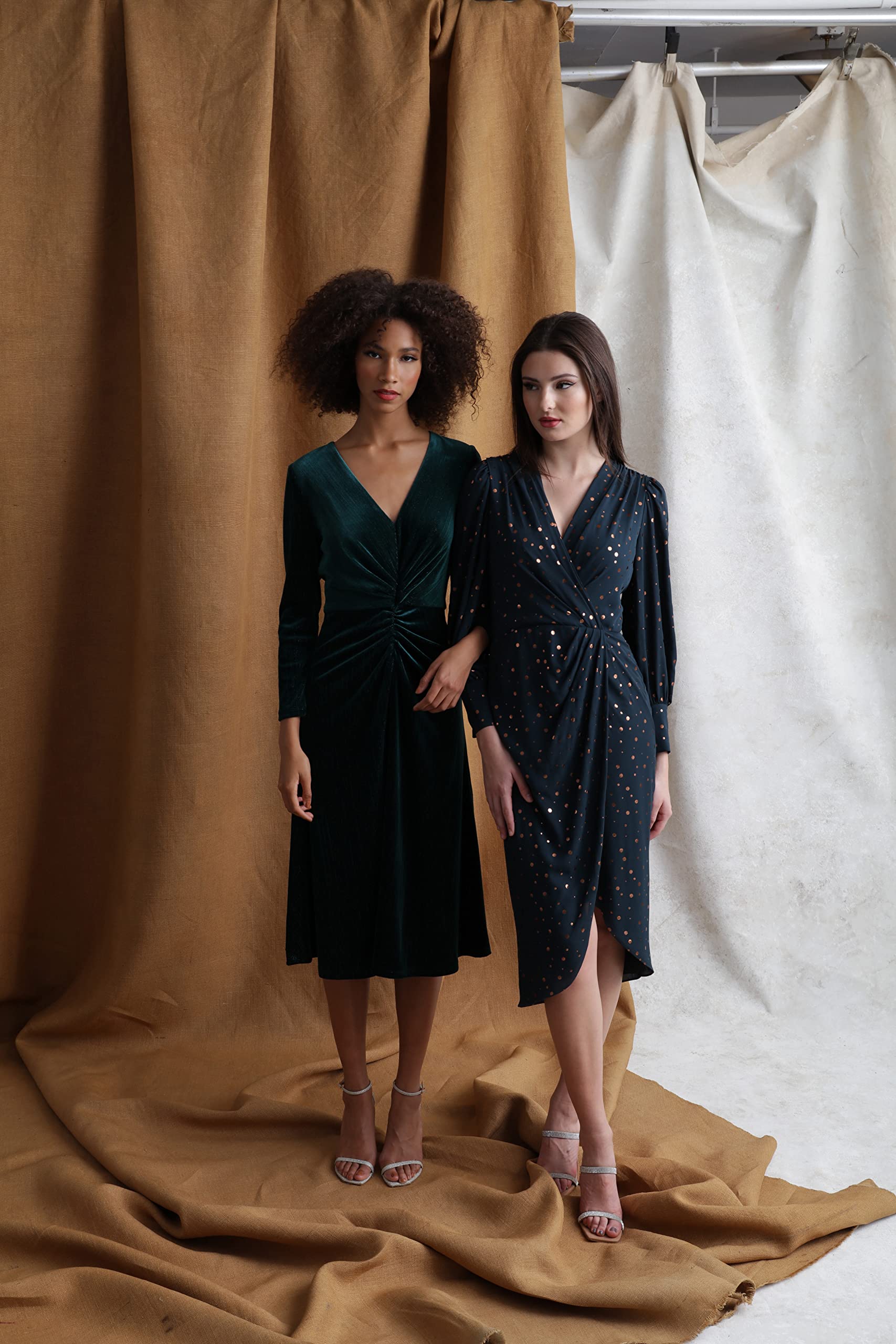 Maggy London V-Neck Shirred Midi Dress for Women - Office & Party Wear