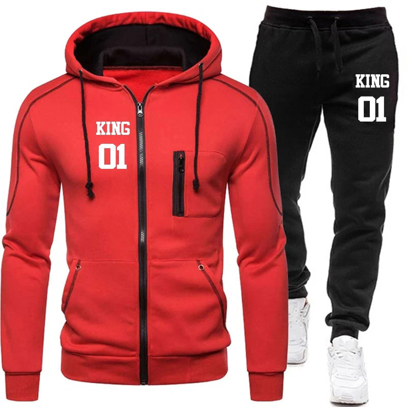 Men's King Printed Tracksuit Set - Zipper Hoodie & Pants 2 Piece Winter Gym Outfit for Jogging, Fitness & Casual Wear | Perfect for Workouts, Running & Street Style Fashion