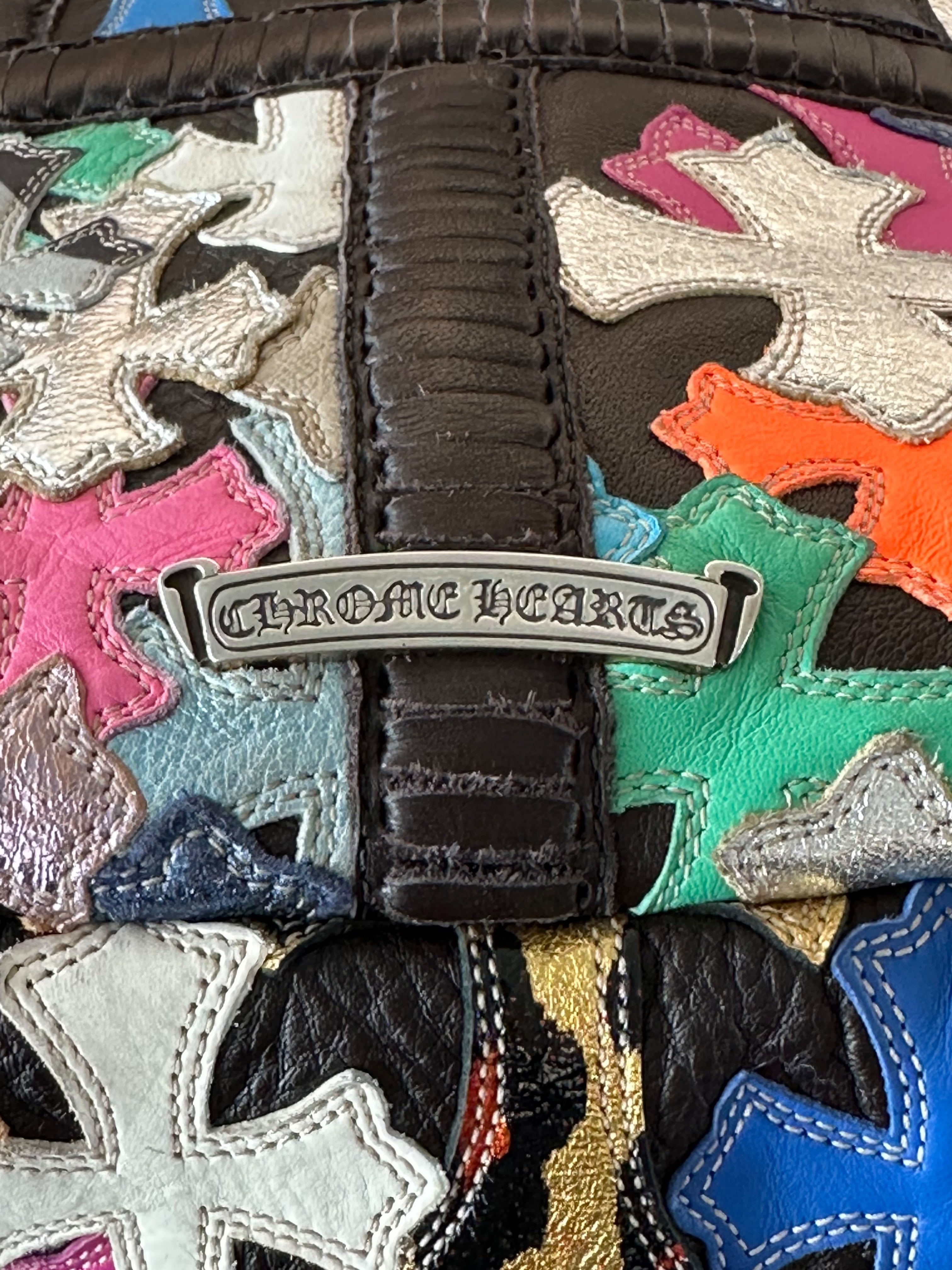 Chrome Hearts Black Multicolor Cross Patch Leather Backpack for Women & Men - Stylish Gothic Fashion Accessory for Travel, School & Everyday Use