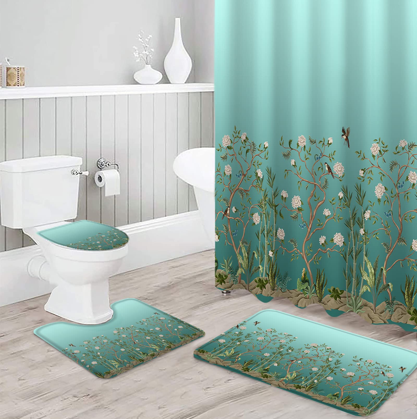 4-Piece Waterproof Shower Curtain Set with Non-Slip Bath Rugs - Tropical Leaf & Bird Design in Teal Gradient - Complete Bathroom Decor (Shower Curtain, Bath Mat, Toilet Cover & Door Mat) for Modern, Spa-Inspired Bathrooms