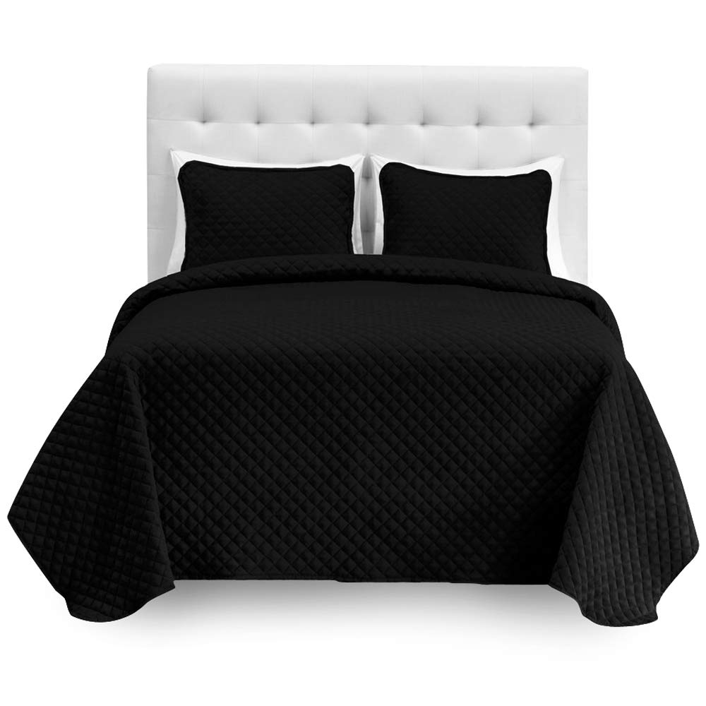Bare Home Split Queen Coverlet Set with Microfiber Sheet Set - Diamond Stitched Lightweight Bedspread - Ultra Soft Bedding Set (Black Coverlet, White Sheets) for Master Bedroom, Guest Room & Dorm Decor