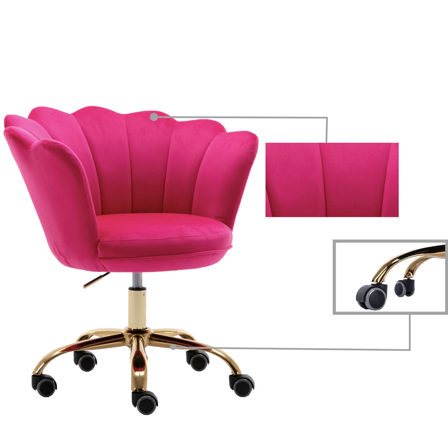 Modern Velvet Home Office Chair with Wheels & Swivel - Adjustable Height Desk Chair for Work, Study, Makeup Vanity - Rose Red for Living Room, Bedroom & Home Office