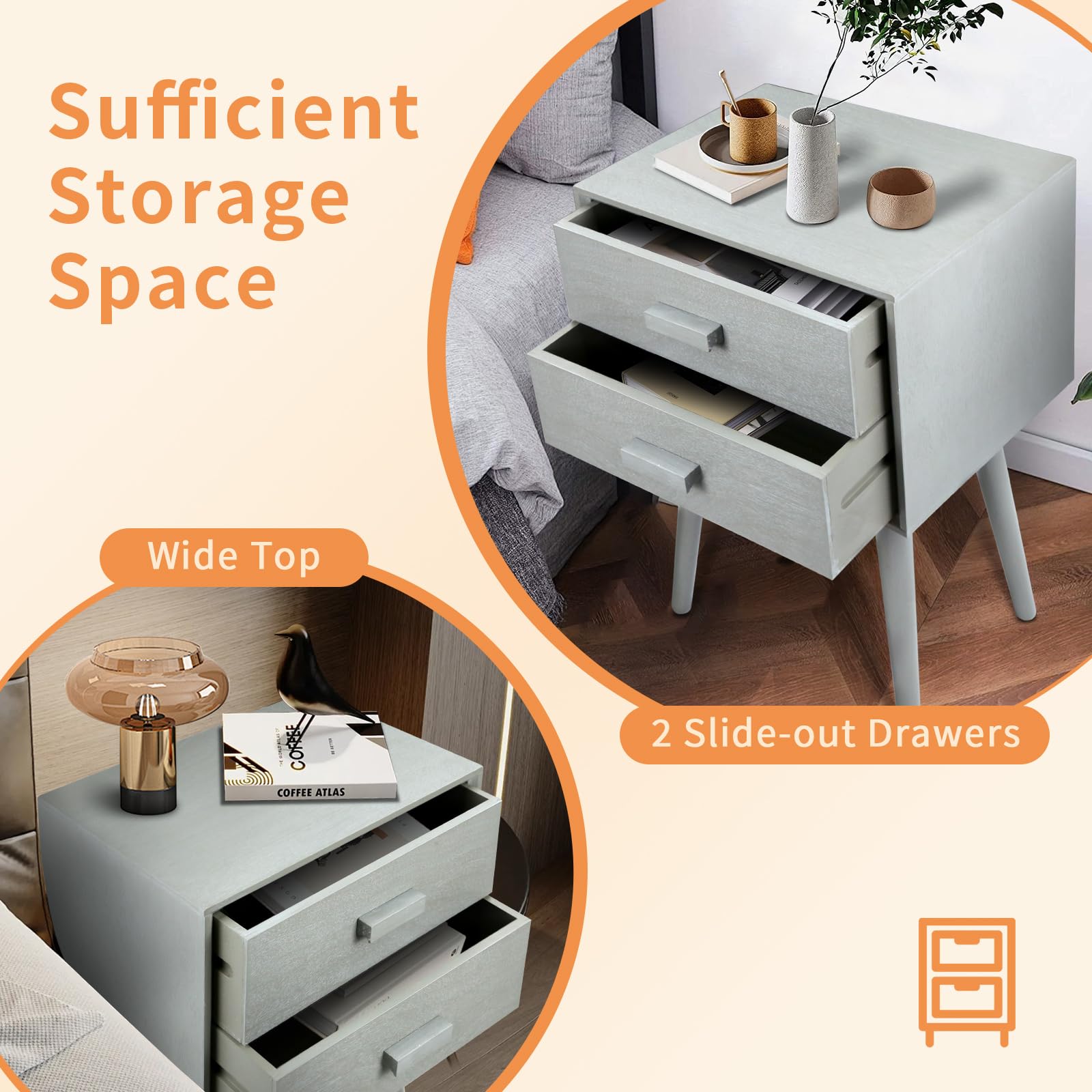 Urbanest Hartford Two Drawer Nightstand - Slate Grey Bedside Table with Storage for Bedroom, Living Room & Small Spaces