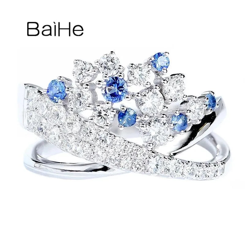 14K White Gold Natural Sapphire & Diamond Crown Ring for Women - Elegant Wedding & Engagement Gift - Fine Jewelry for Bridal, Anniversary & Special Occasions
