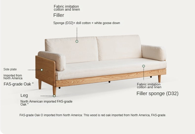 Oak Solid Wood Sofa Bed with Folding White Goose Feather Cushions - Convertible Sleeper for Small Spaces & Guest Rooms