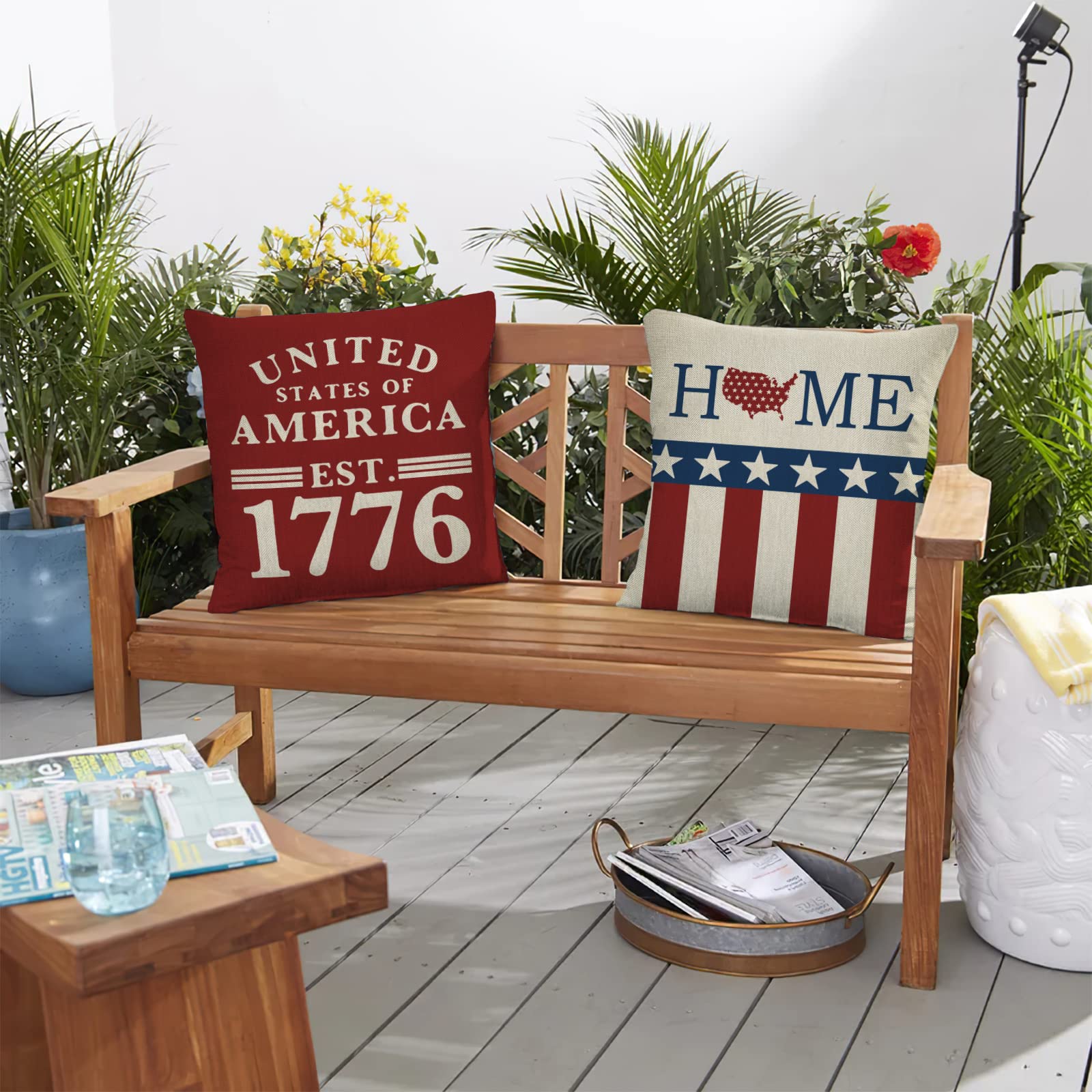 4th of July Patriotic Throw Pillow Covers 18x18 Inch Set of 4 - USA Flag Star Stripe Design with 'God Bless America' & 'Est.1776' - Perfect for Sofa, Couch, Bedroom Decor & Independence Day Celebrations