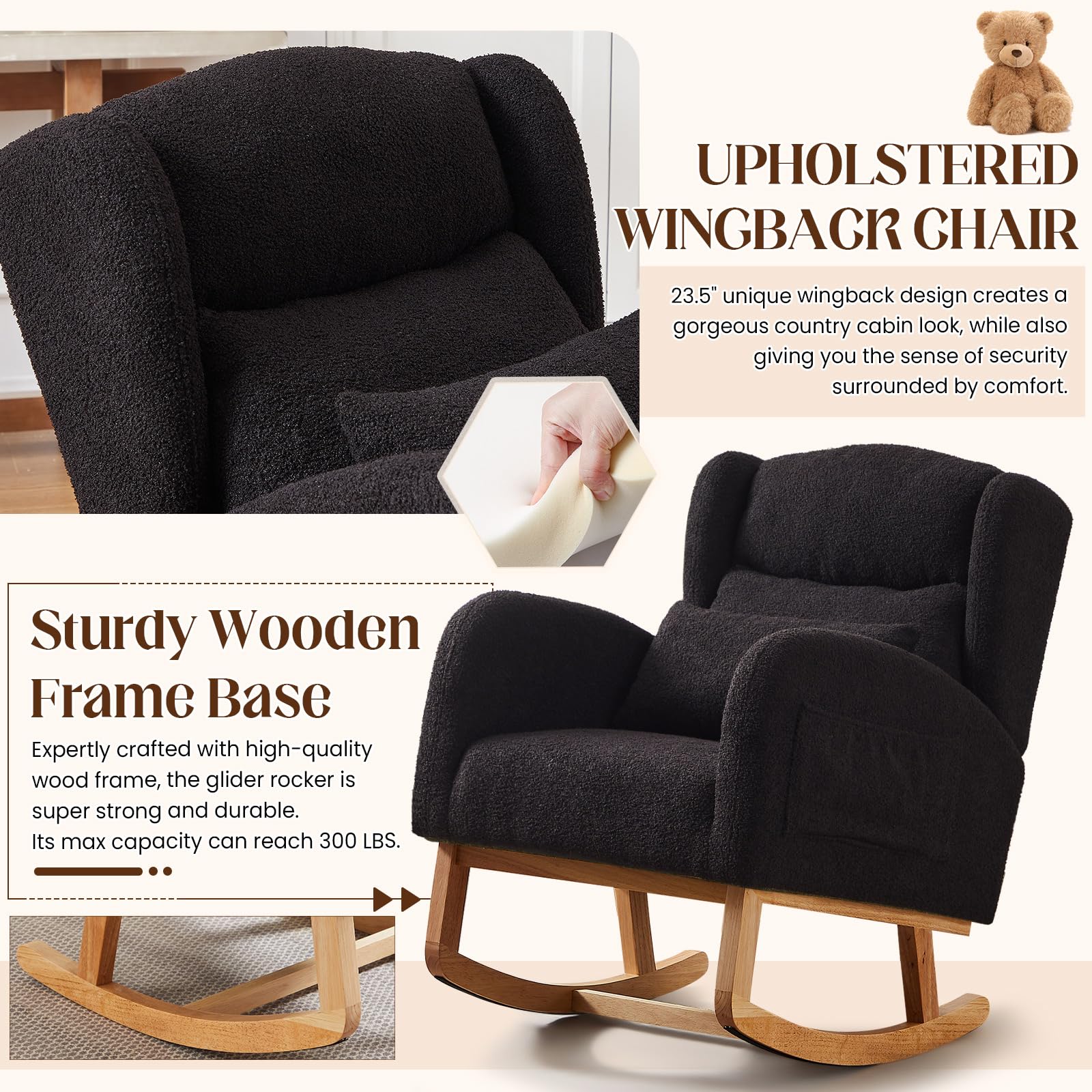 **Antetek Modern Rocking Chair - High Back Teddy Upholstered Nursery Rocker with Lumbar Pillow, Wingback Accent Armchair for Living Room, Bedroom & Nursery - Perfect for Nursing, Relaxing & Decor (Black)**
