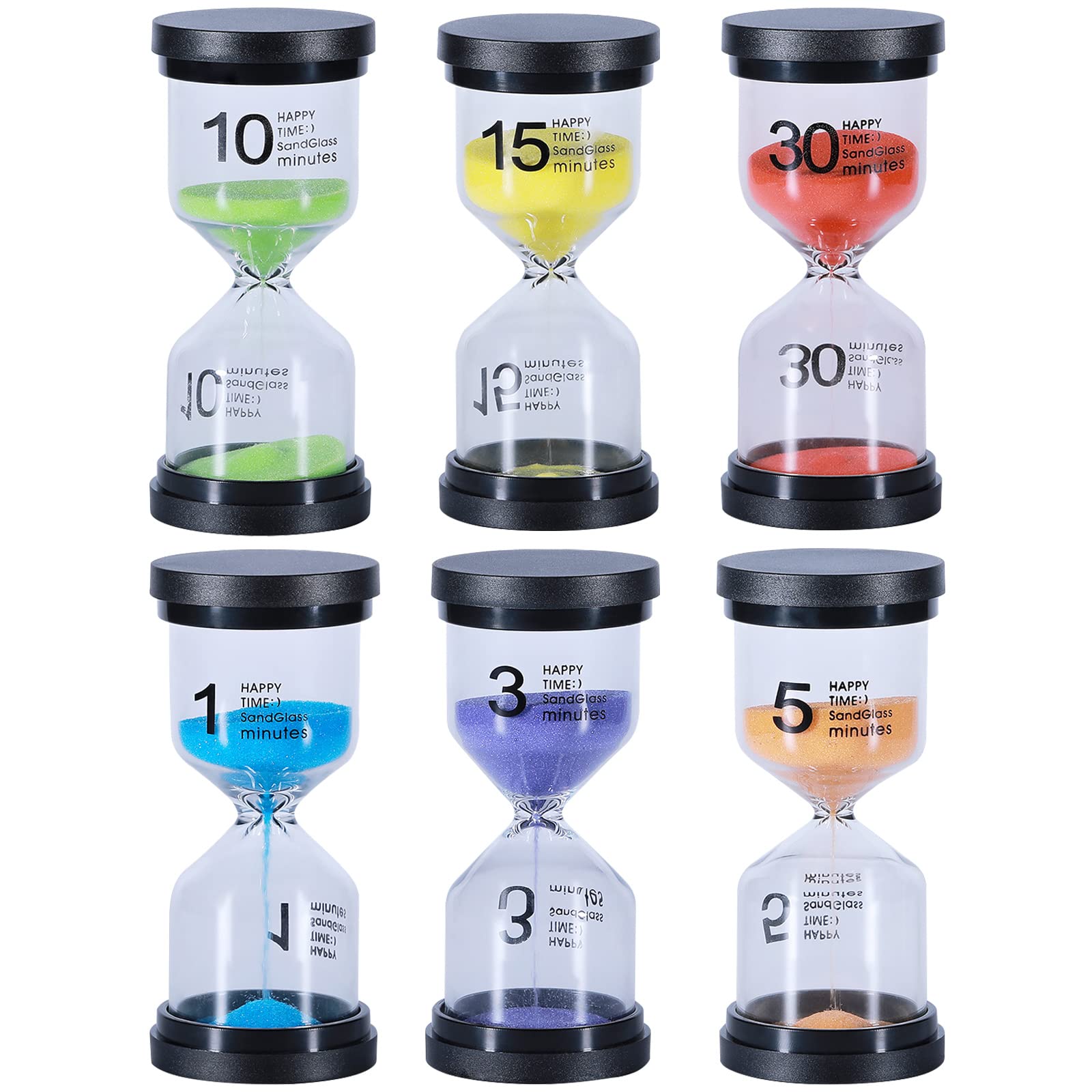 Colorful Plastic Sand Timers for Kids - 1/3/5/10/15/30 Minute Hourglass Timer Set of 6 - Fun Classroom Learning Tool, Board Game Timer, Homework Helper & Focus Aid for Children's Activities