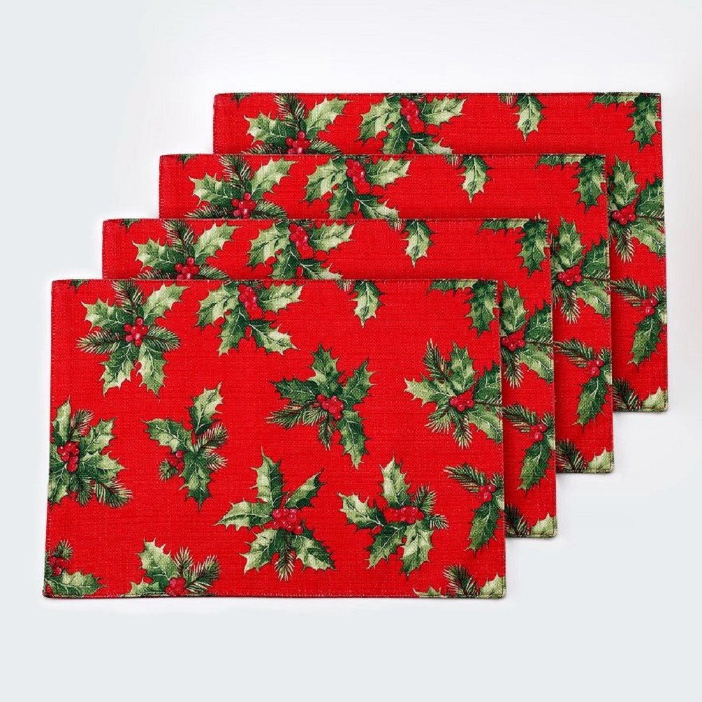 Holly Berry Placemats Set of 4 - Christmas Table Decor, Holiday Dining Mats for Festive Dinner Parties, Family Gatherings & Seasonal Home Decor
