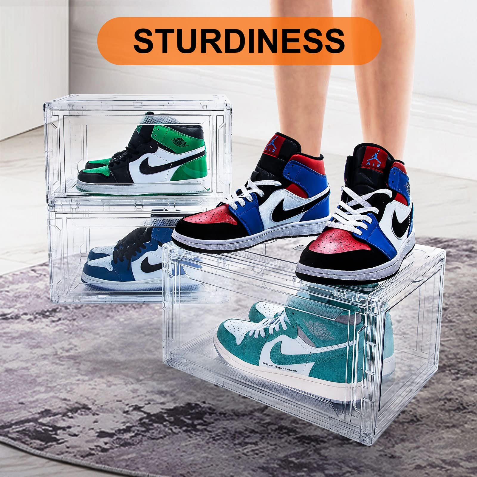 12 Pack Clear Acrylic Shoe Storage Boxes – Stackable Sneaker Display Case with Magnetic Door for Sneaker Collection, Boots & Hats Organizer (Fits US Size 15) | Perfect for Closet Organization & Shoe Store Displays
