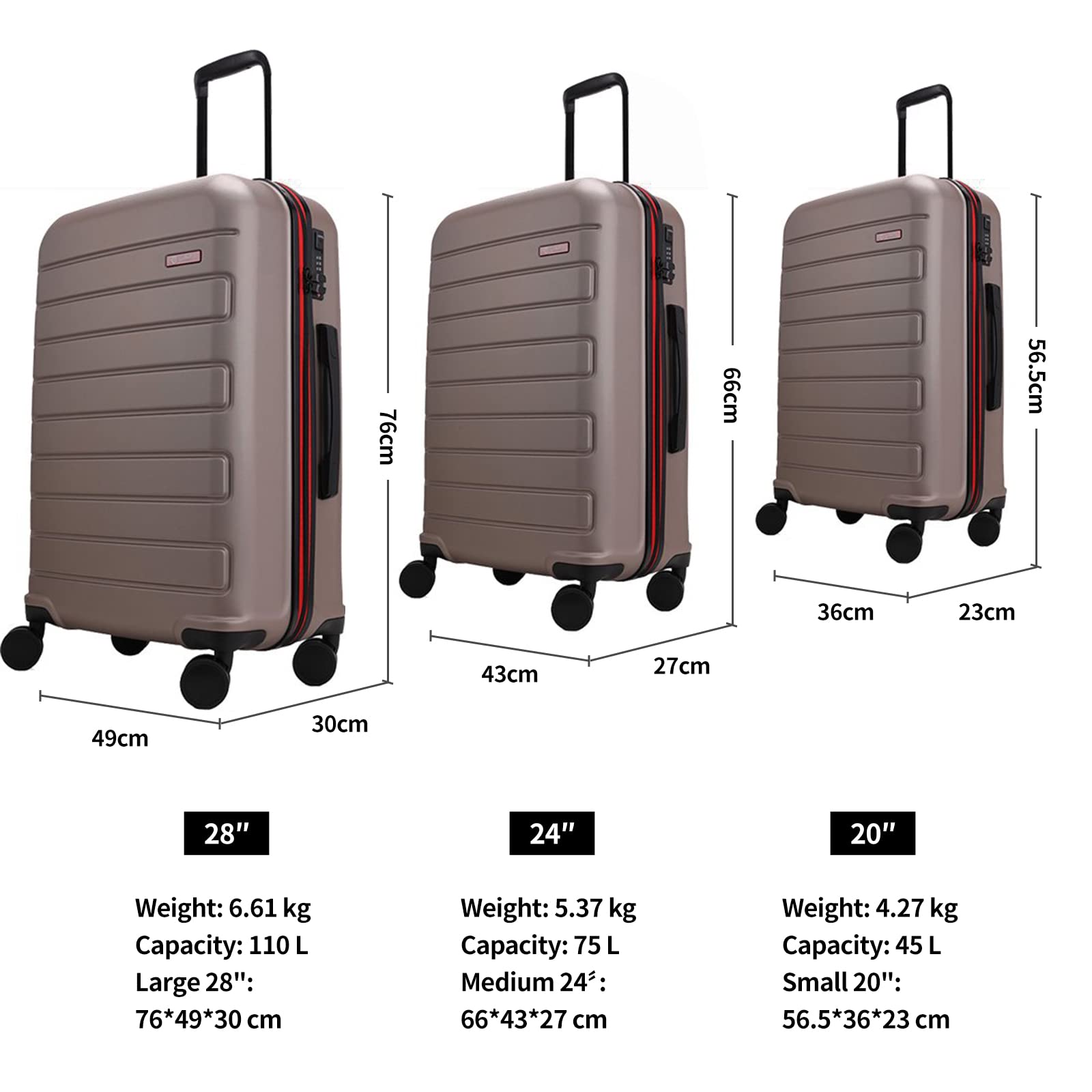 GinzaTravel Medium Suitcase - 24 Inch Hard Shell ABS Luggage with 360° Spinner Wheels & TSA Combination Lock, Lightweight Champagne Checked Bag for Travel, Business Trips & Vacation Packing