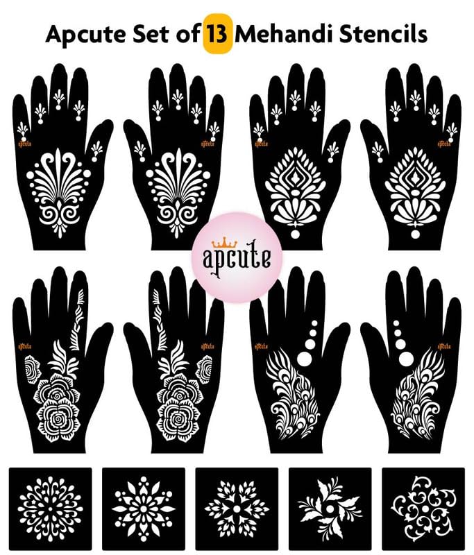 Apcute 13-Piece Mehendi Stencil Kit | Temporary Henna Tattoo Stencils for Full Hand Designs - Easy 4-Step Application for Women & Girls | Perfect for Weddings, Festivals & DIY Body Art