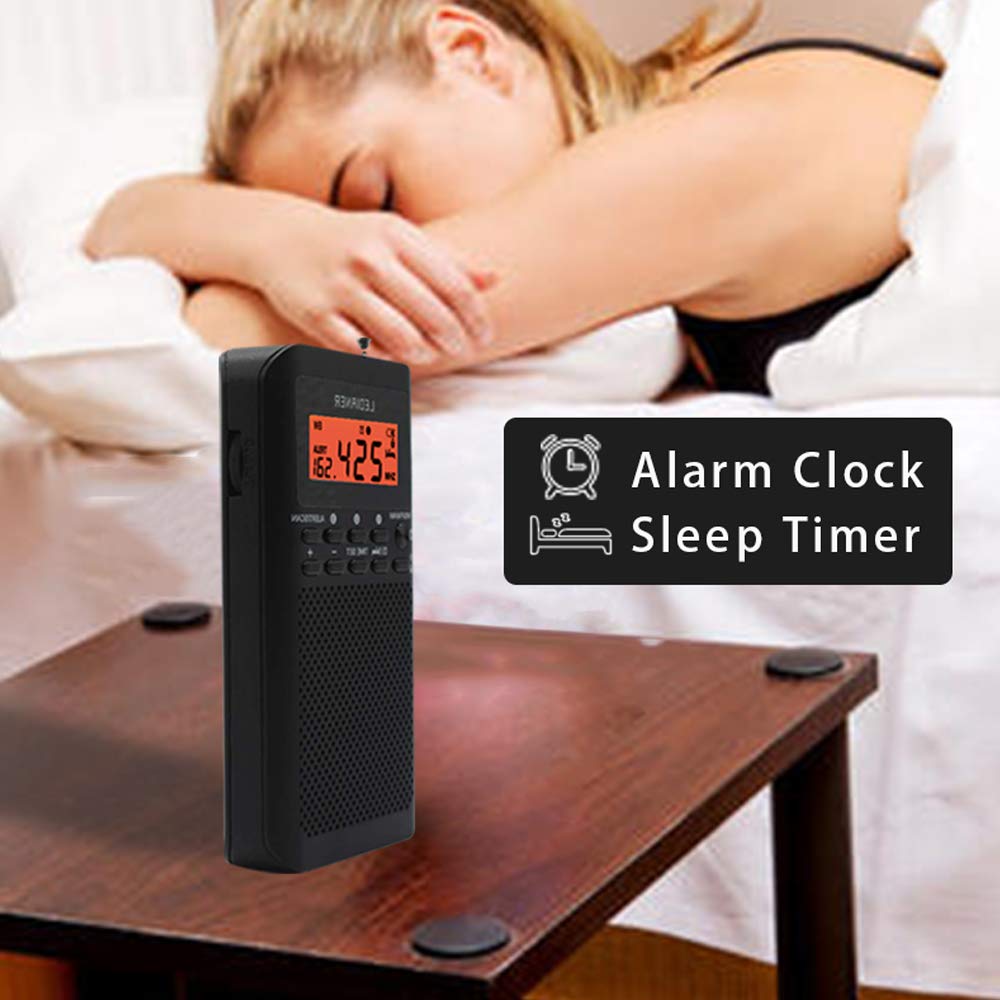 NOAA Weather AM FM Portable Radio with LCD Display, Digital Alarm Clock, Sleep Timer - Battery Operated (2 AA), Built-in Speaker & Stereo Earphone - Best Reception & Sound Quality (Black) - Ideal for Emergency, Outdoor, Camping, and Home Use