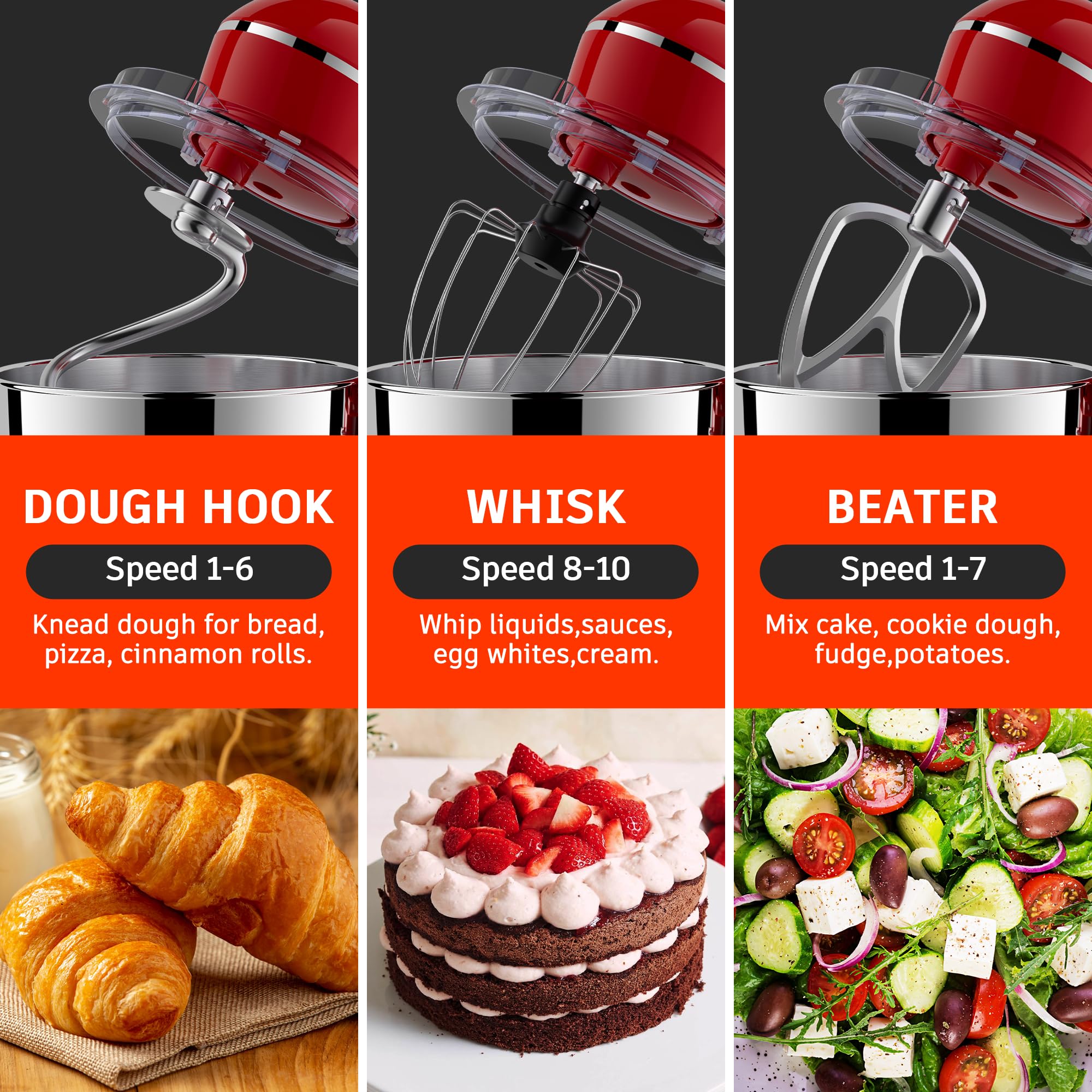 450W Stand Mixer with 5.5QT Stainless Steel Bowl - Professional Kitchen Mixer for Dough, Cake & Baking | Includes Beater, Dough Hook & Egg Whisk | Perfect for Home Bakers & Small Bakeries (Red)