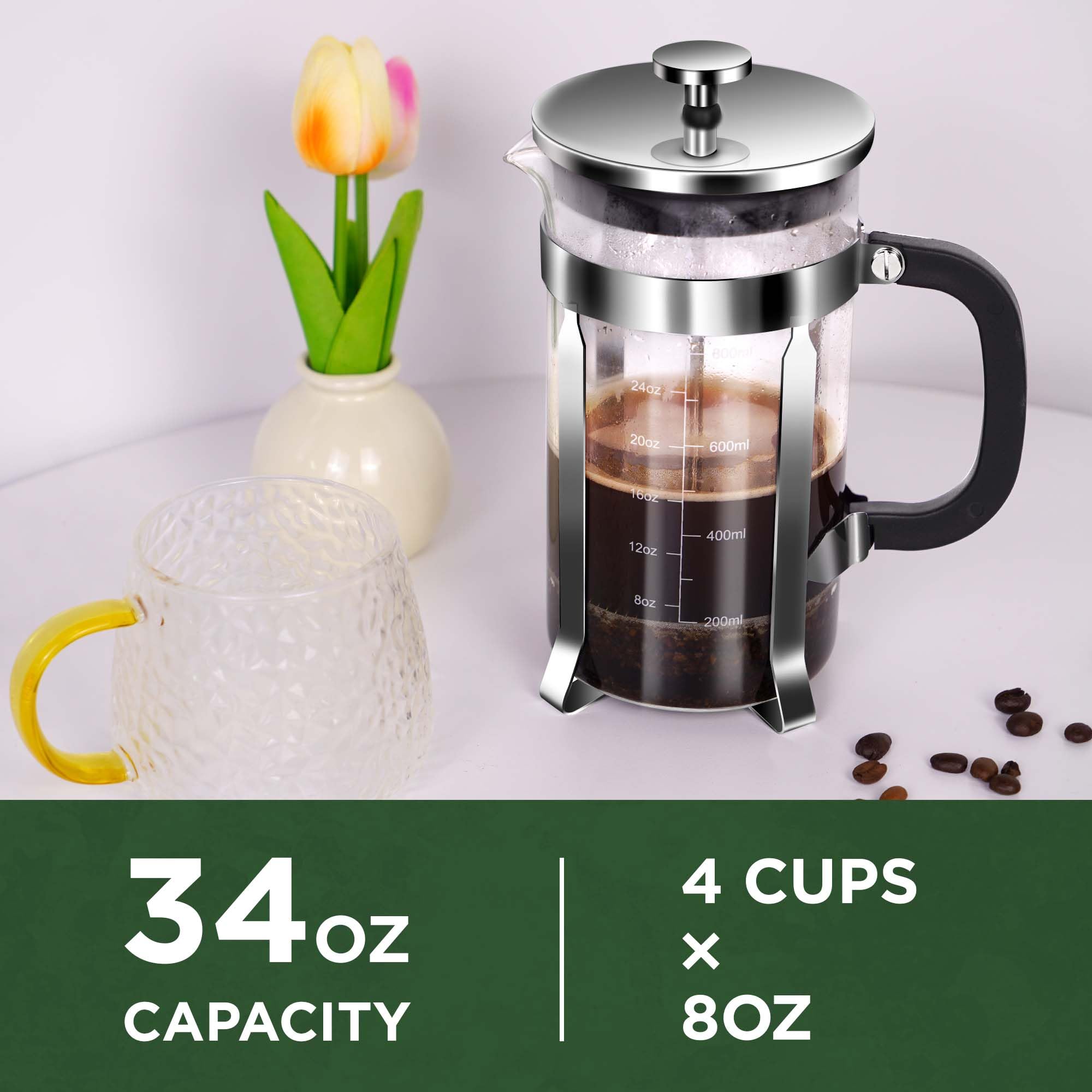 Premium Stainless Steel French Press Coffee Maker - 34oz (1L) Borosilicate Glass, Heat Resistant for Hot & Cold Brew Coffee, Tea & Espresso - Perfect for Home, Office & Camping Use