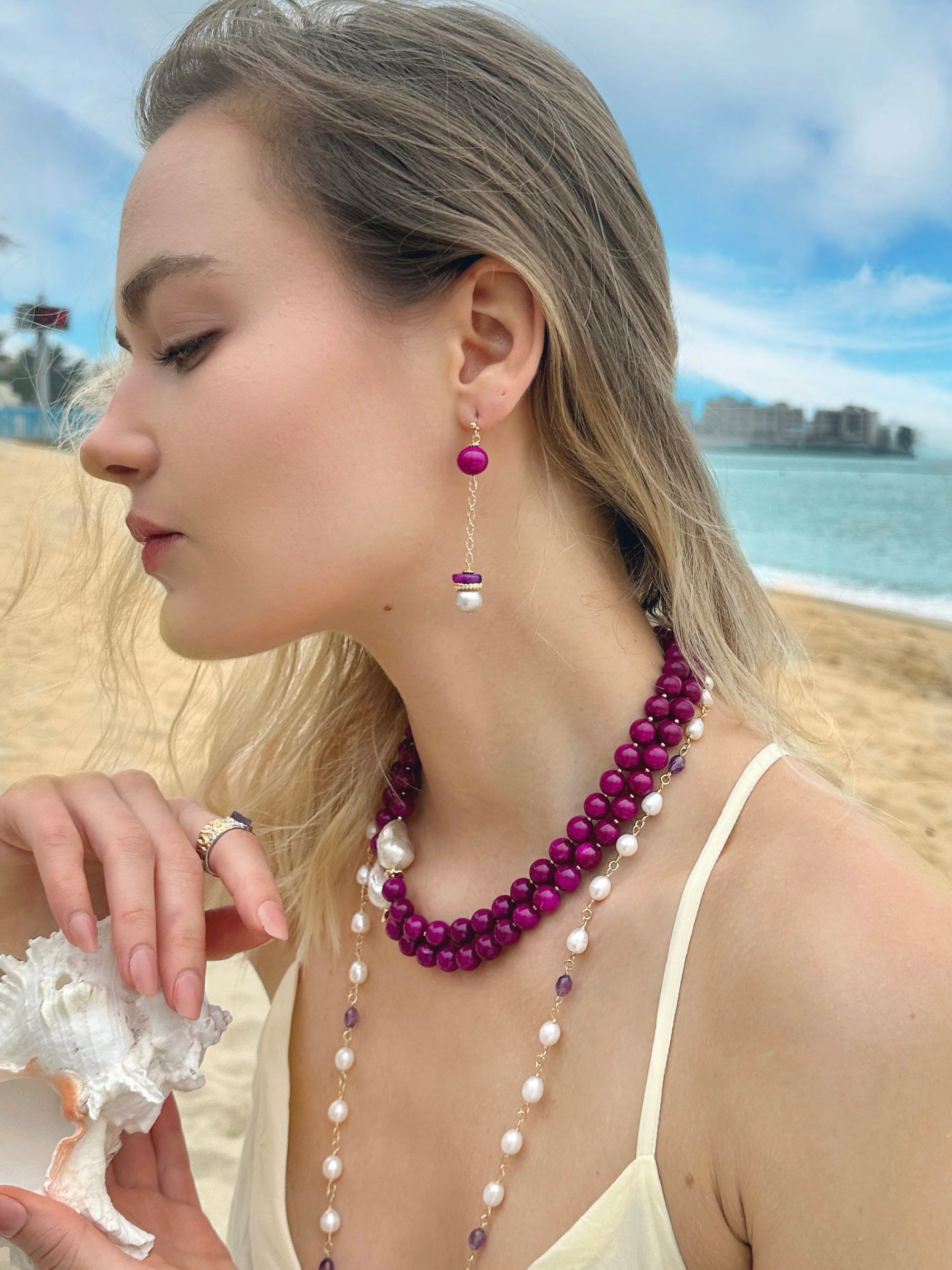 Elegant Gray Freshwater Pearl & Magenta Gemstone Dangle Earrings LE008 | Perfect for Weddings, Parties & Special Occasions