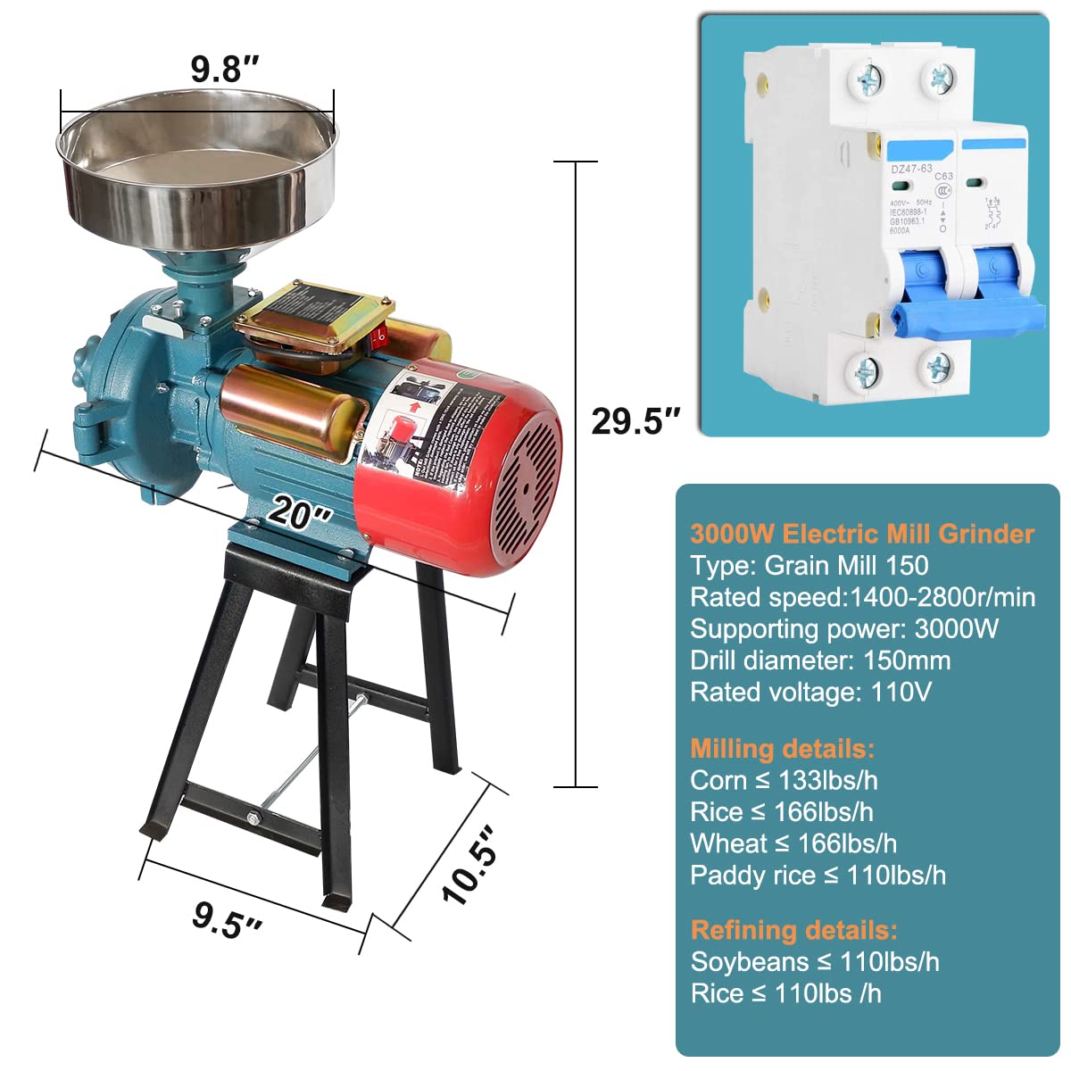 ABORON 3000W Commercial High-Power Electric Corn Grinder Machine - 110V Grain Mill for Corn, Wheat & Feed - Perfect for Farms, Bakeries & Home Use (Molino de Maíz Eléctrico)