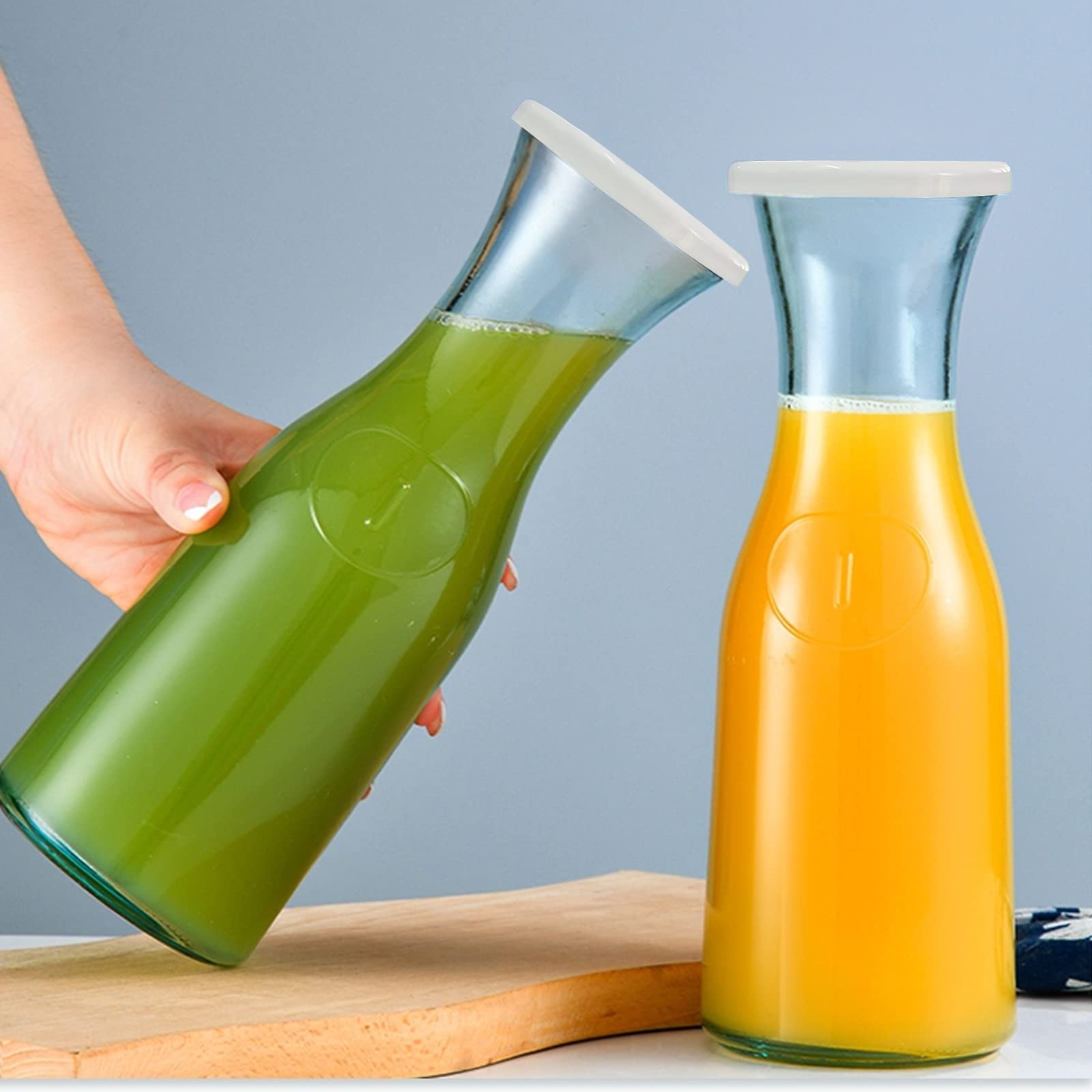 2 Pcs Glass Carafe with Lids - 1 Liter Clear Juice Pitcher for Water, Milk, Lemonade & Mimosa Bar - Airtight Beverage Containers for Fridge Storage - Perfect for Parties, Brunch & Home Entertaining
