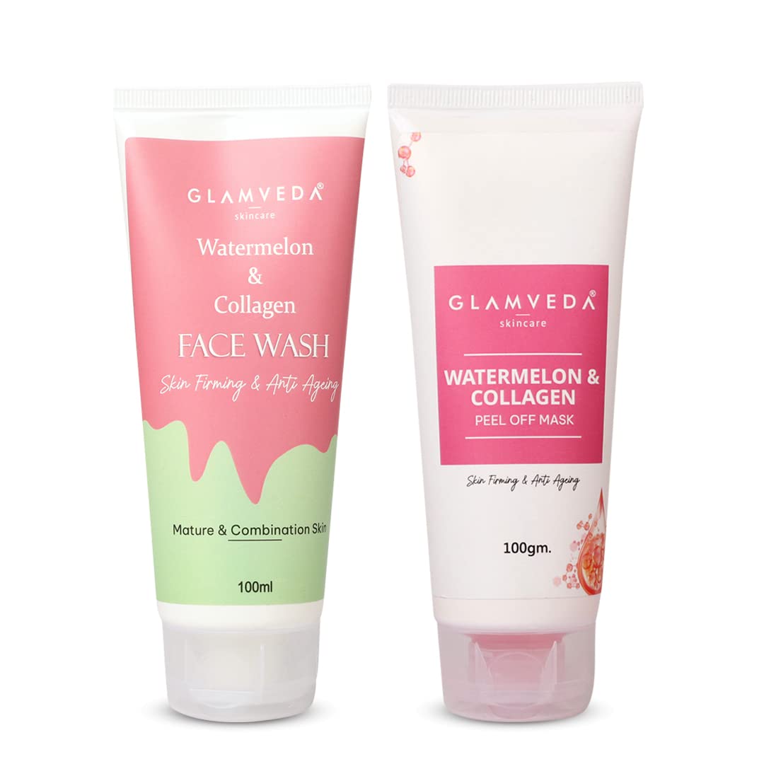 Glamveda Watermelon & Collagen Anti-Aging Face Wash & Peel Off Mask Combo - Reduces Wrinkles, Firms Skin, Brightens Complexion - Perfect for Daily Skincare Routine & Spa Night Self-Care