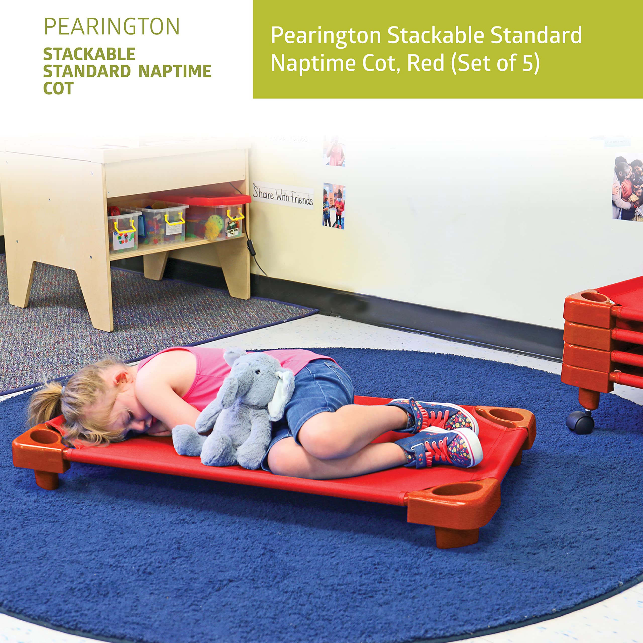 Pearington Stackable Standard Naptime Cot - Red (Set of 5) | Portable Folding Bed for Daycare, Preschool & Home Use | Comfortable Sleep Solution for Kids & Toddlers