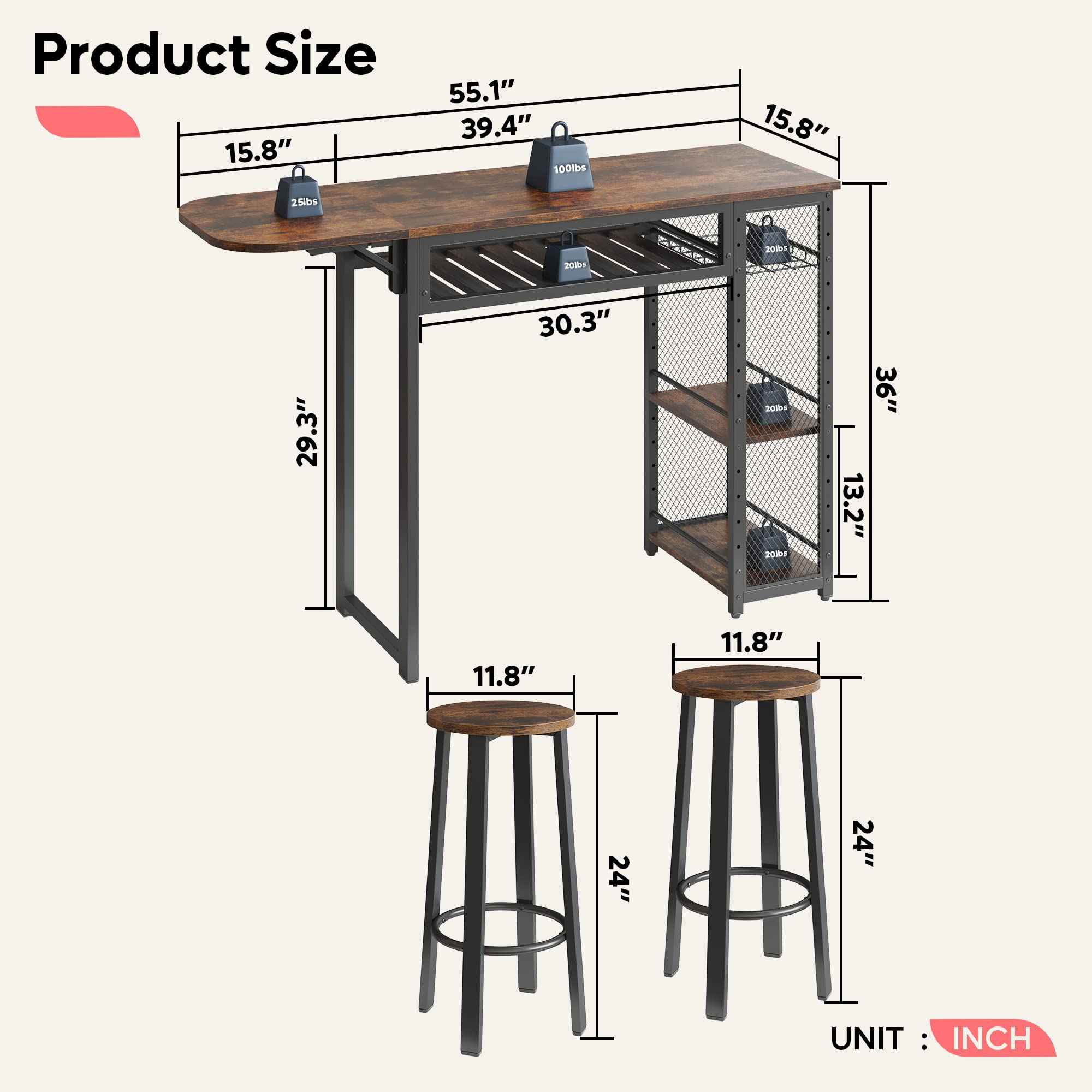 Bestier Expandable Bar Table and Chair Set with 2 Bar Stools, Industrial Kitchen Counter with Wine Rack & 3-Tier Adjustable Storage Shelves - Rustic Brown - Perfect for Small Spaces, Dining Rooms, Kitchen Islands, and Home Bars