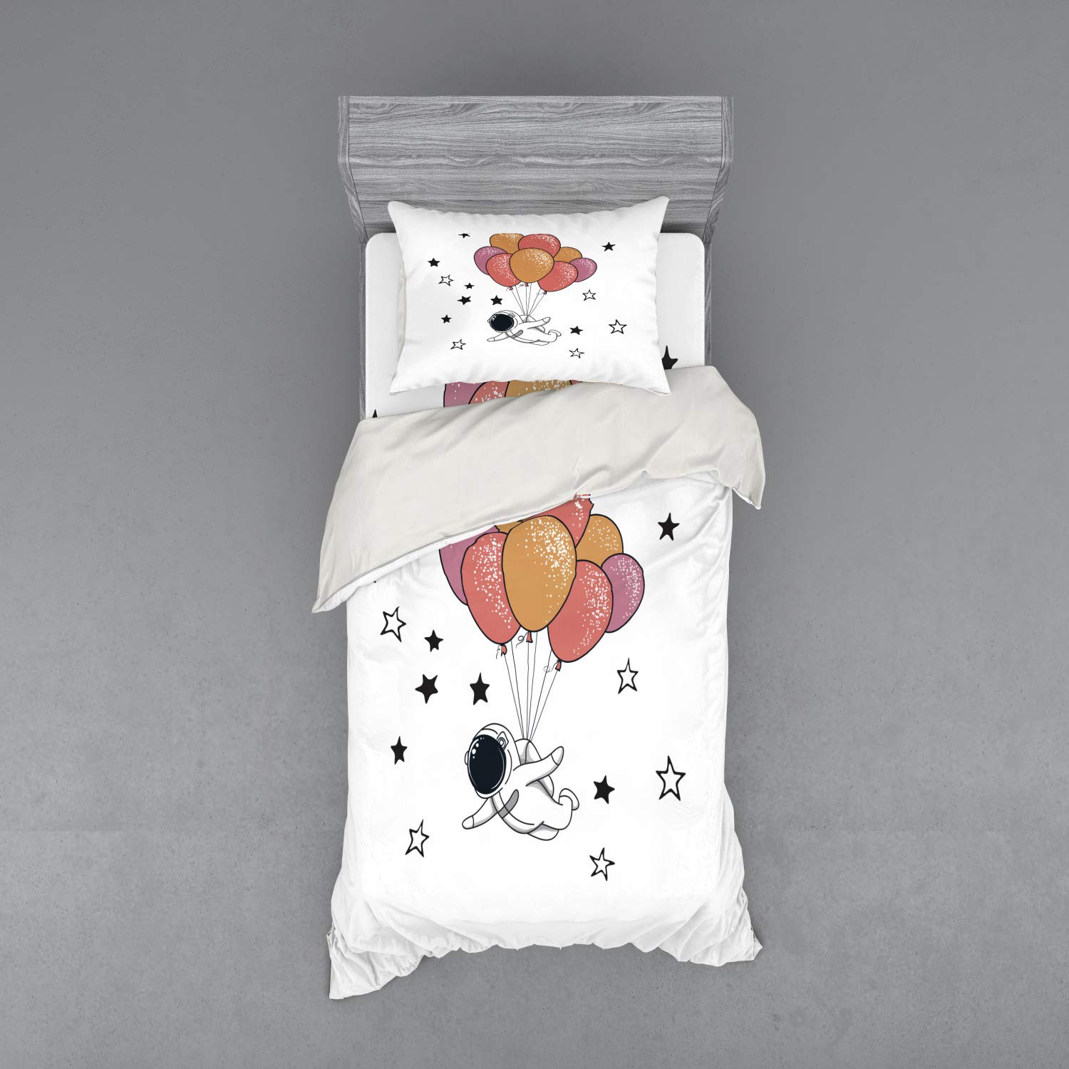 Ambesonne Astronaut Bedding Set - 3 Piece Duvet Cover with Sham & Fitted Sheet, Twin Size, Spaceman Floating with Balloons Design, Multicolor Cosmic Theme | Perfect for Kids' Rooms, Birthday Gifts & Space-Themed Decor