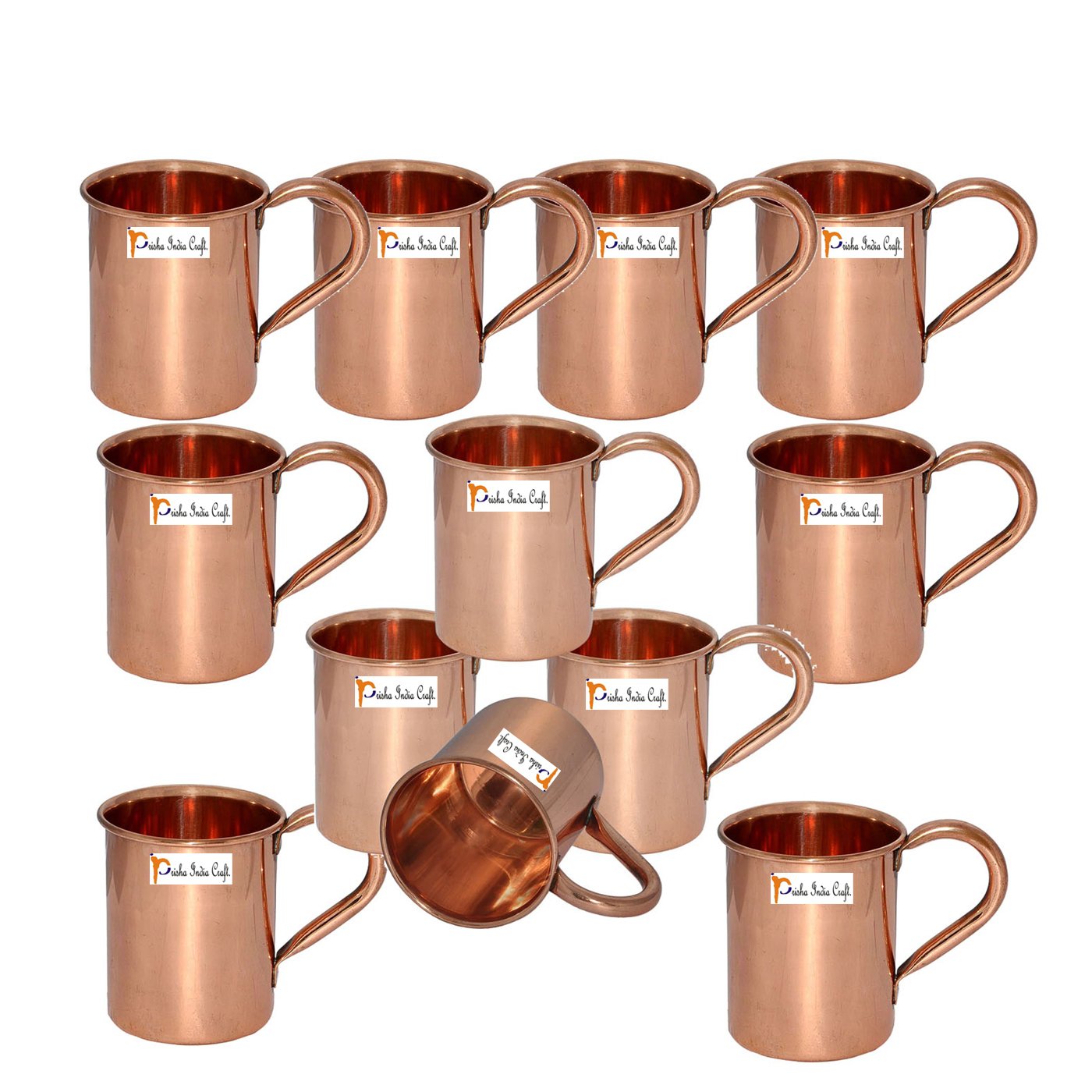12-Pack Prisha India Craft® Pure Copper Moscow Mule Mugs - 15 oz (450ml) Lacquered Finish, No Inner Lining - Perfect for Cocktail Parties, Bars & Home Entertaining