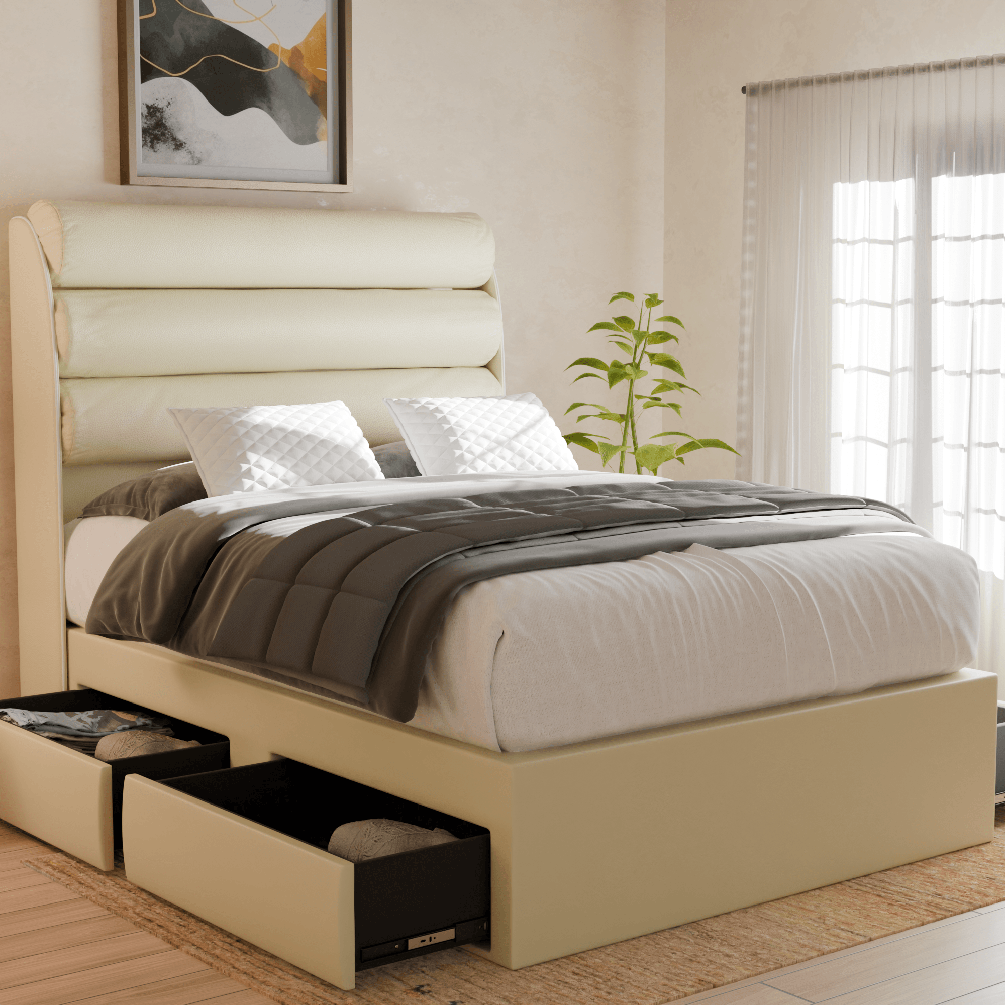 Gobbee Faux Leather Drawer Storage Bed Frame with Underbed Storage - Perfect for Small Bedrooms, Studio Apartments & Guest Rooms