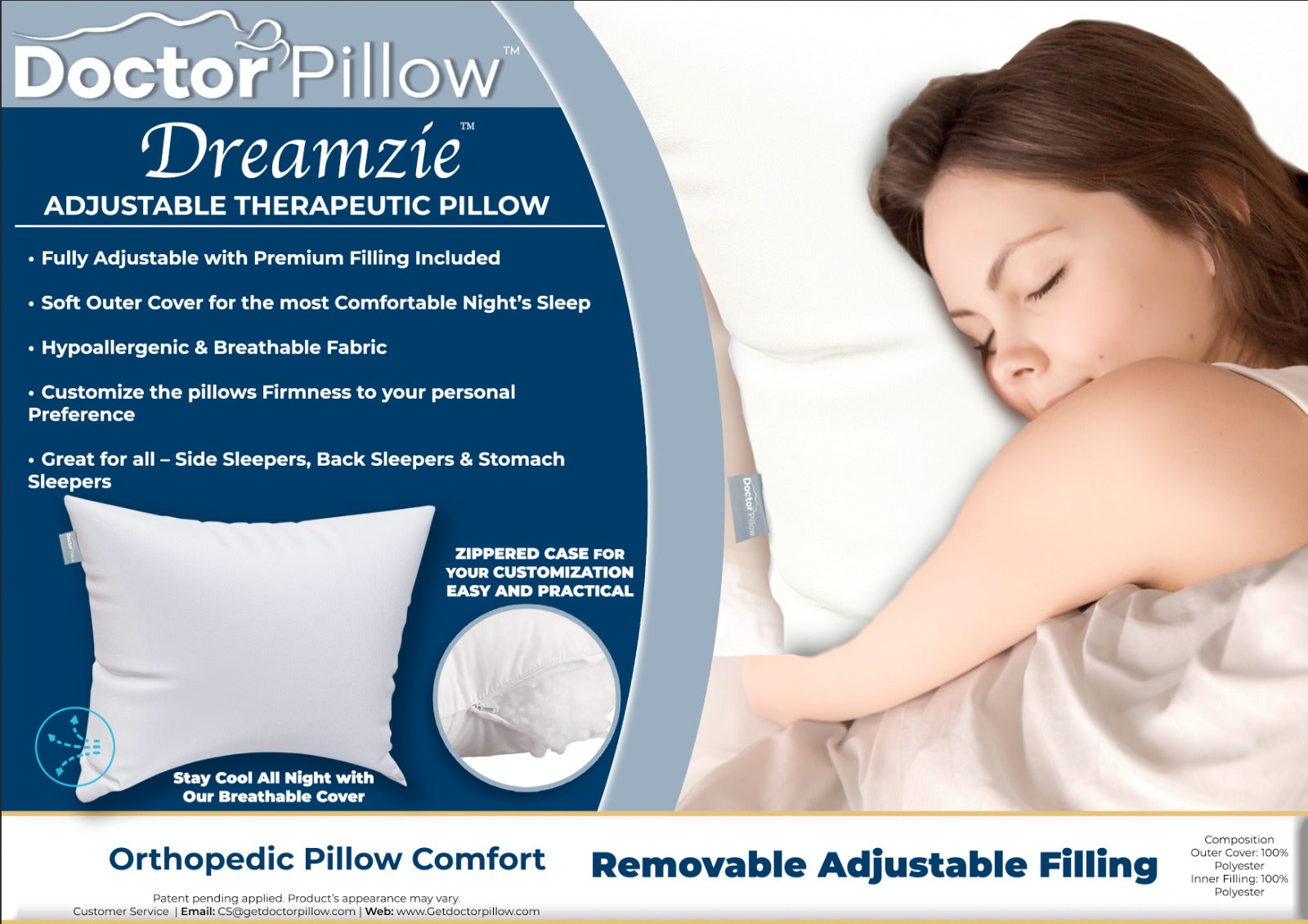 Dreamzie Adjustable Therapeutic Pillow for Neck Pain Relief & Better Sleep - Orthopedic Memory Foam Cervical Support Pillow for Side, Back & Stomach Sleepers - Perfect for Home, Travel & Office Use
