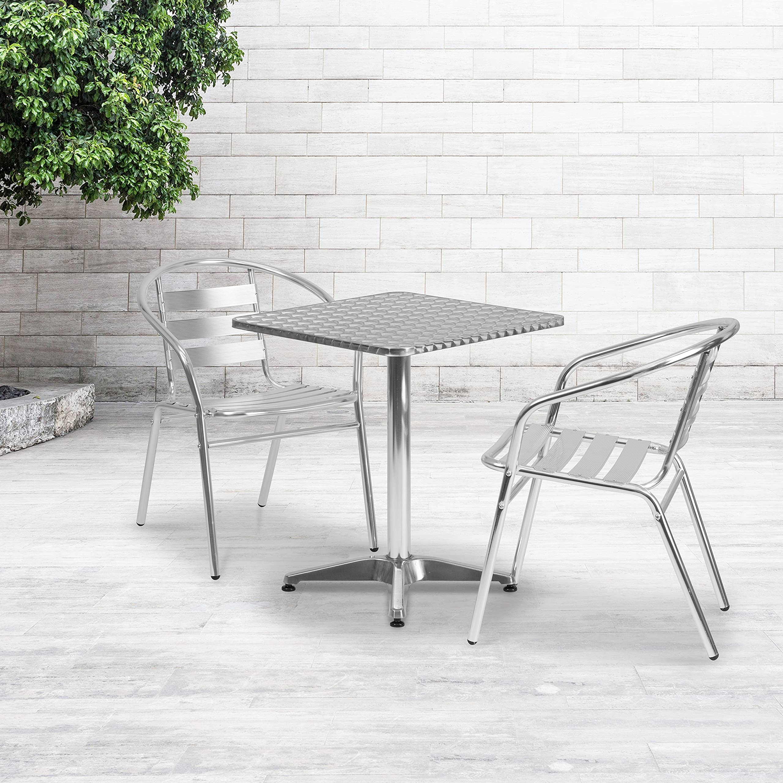 Flash Furniture 23.5'' Square Aluminum Indoor-Outdoor Dining Table Set with 2 Slat Back Chairs - Perfect for Patio, Garden, Poolside & Small Space Dining