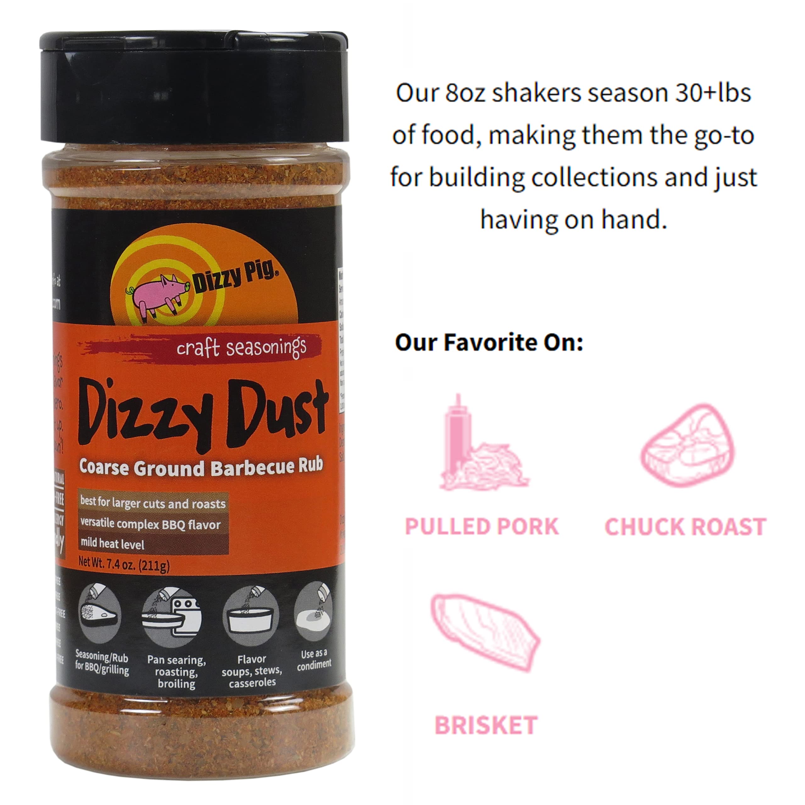 Dizzy Pig Coarse Grind BBQ Seasoning Rub - All-Purpose Meat Rub for Grilling, Smoking & Roasting - 8oz Shaker Seasons 30+ lbs of Food - Handcrafted in USA - MSG Free, Gluten Free - Perfect for Steaks, Ribs, Chicken & Vegetables