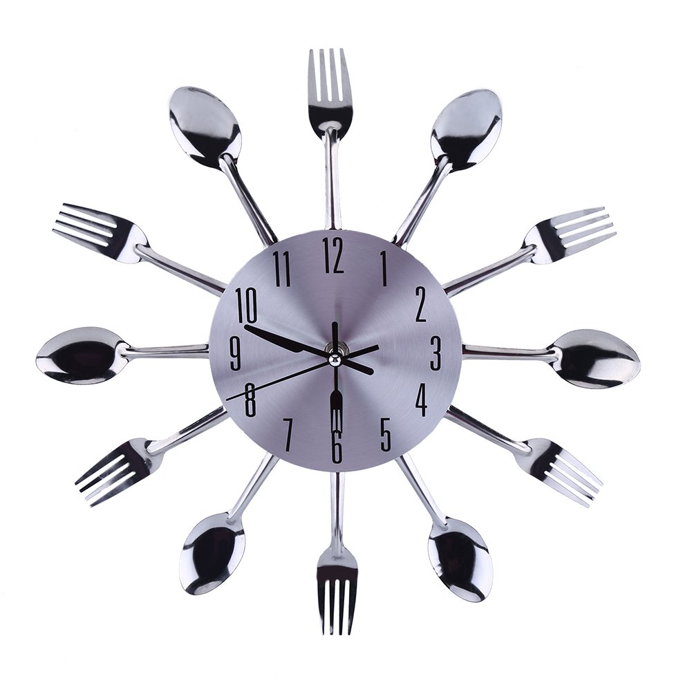 Ejoyous 12.4 Inch Large 3D Modern Creative Kitchen Wall Clock - Spoon & Fork Design Home Decor for Kitchen, Dining Room & Office (Silver) | Perfect Gift for Housewarming, Wedding & Home Renovation