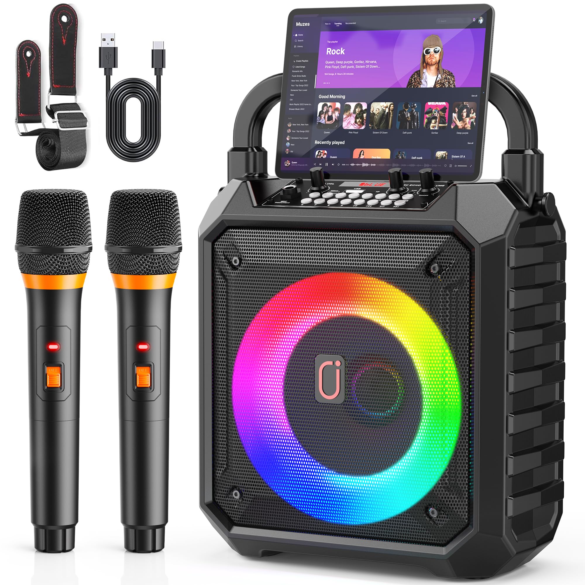 JYX Portable Karaoke Machine with 2 Wireless Microphones - Bluetooth Speaker with LED Lights for Kids & Adults - USB/TF/AUX Input for Home Parties, Outdoor Gatherings & Birthday Celebrations