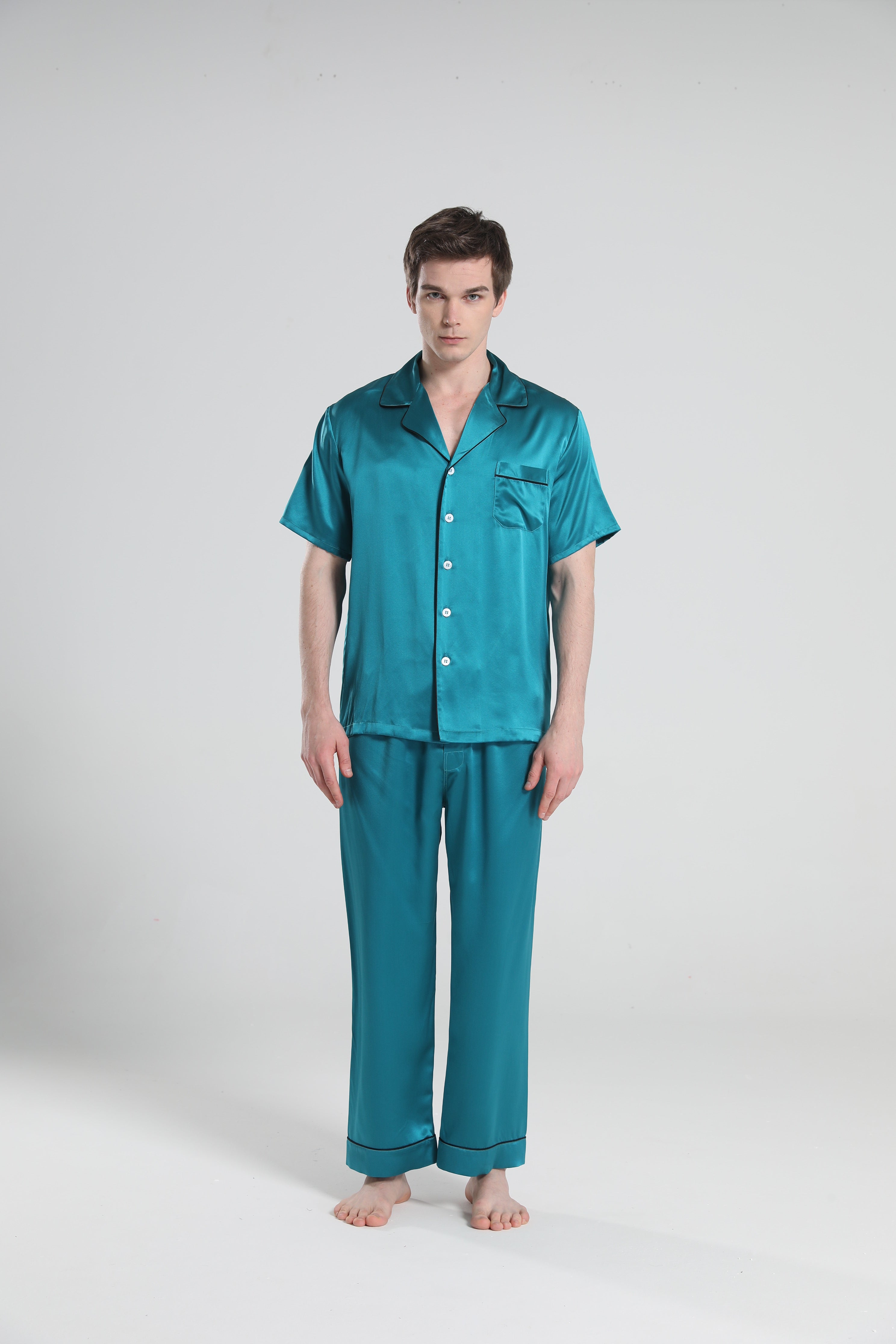 Men's 100% Silk Short Sleeve Pajama Set - Luxury Sleepwear for Comfortable Nights & Relaxing at Home