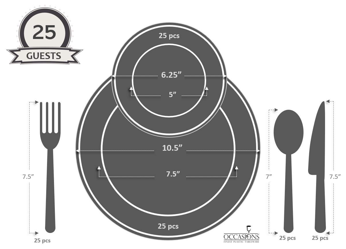 125-Piece Heavyweight Disposable Wedding Dinnerware Set - 25 Guest Ivory Plastic Plates (10.5'' & 6.25'') with Gold Rim & Silverware - Elegant Party, Bridal Shower, Banquet Tableware for Special Occasions