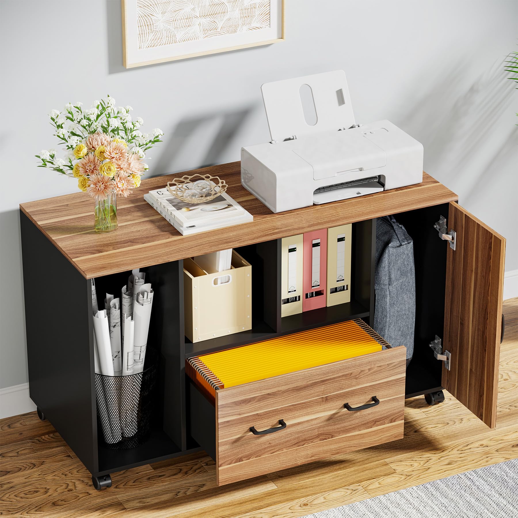 Little Tree Rolling File Cabinet with Drawer & Door - Mobile Storage Cabinet with Shelves & CPU Holder for Home Office, Living Room - Perfect for Organizing Documents, Office Supplies & Electronics