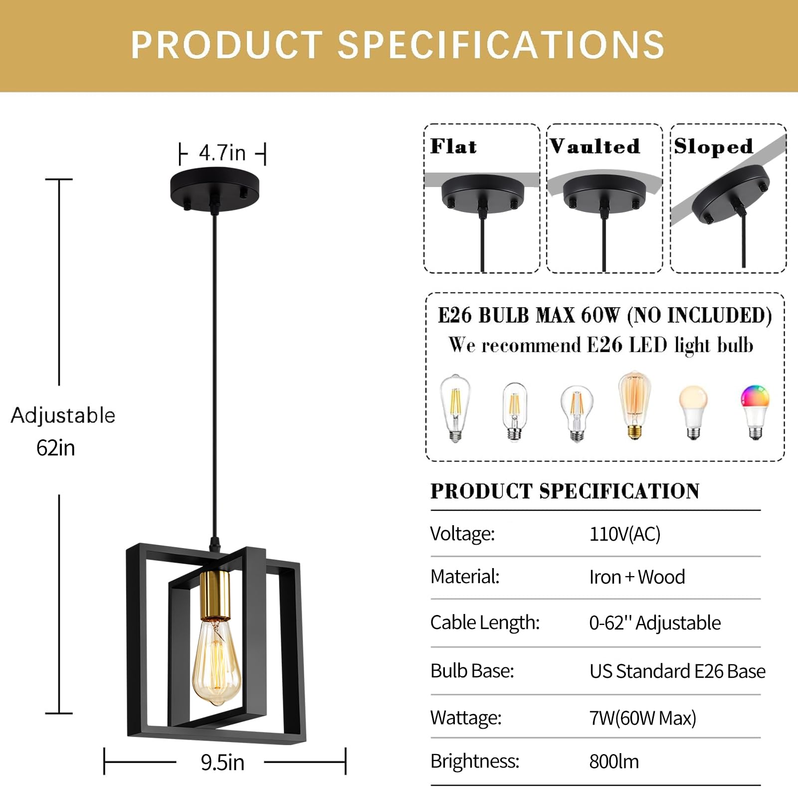 Farmhouse Small Pendant Light Fixture - 9.5 Inch Kitchen Island Hanging Lamp with Cord, Black and Gold Finish Wood Frame Chandelier for Hallway, Entryway, Closet & Bedroom Lighting - E26 Base - Perfect for Rustic Home Decor and Cozy Ambiance
