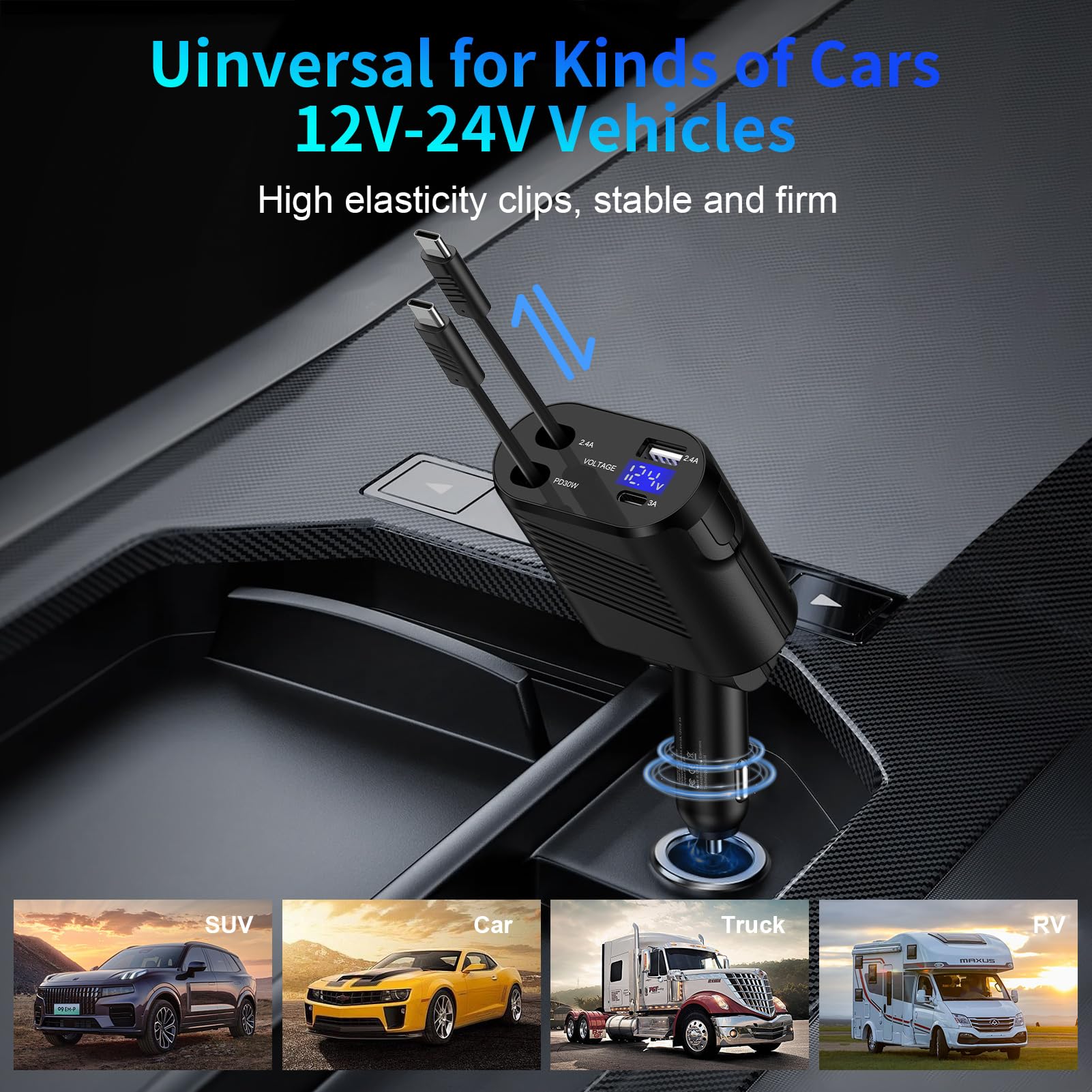 45W Fast Charging Retractable Samsung Car Charger - USB C 4-in-1 Adapter for iPhone 16/15 Pro Max, Galaxy S25/S24/S23/S22/S21/S20 Ultra FE/Z Flip/Fold 6, Google Pixel 9/8/7/6 Pro - Perfect for Road Trips & Daily Commutes