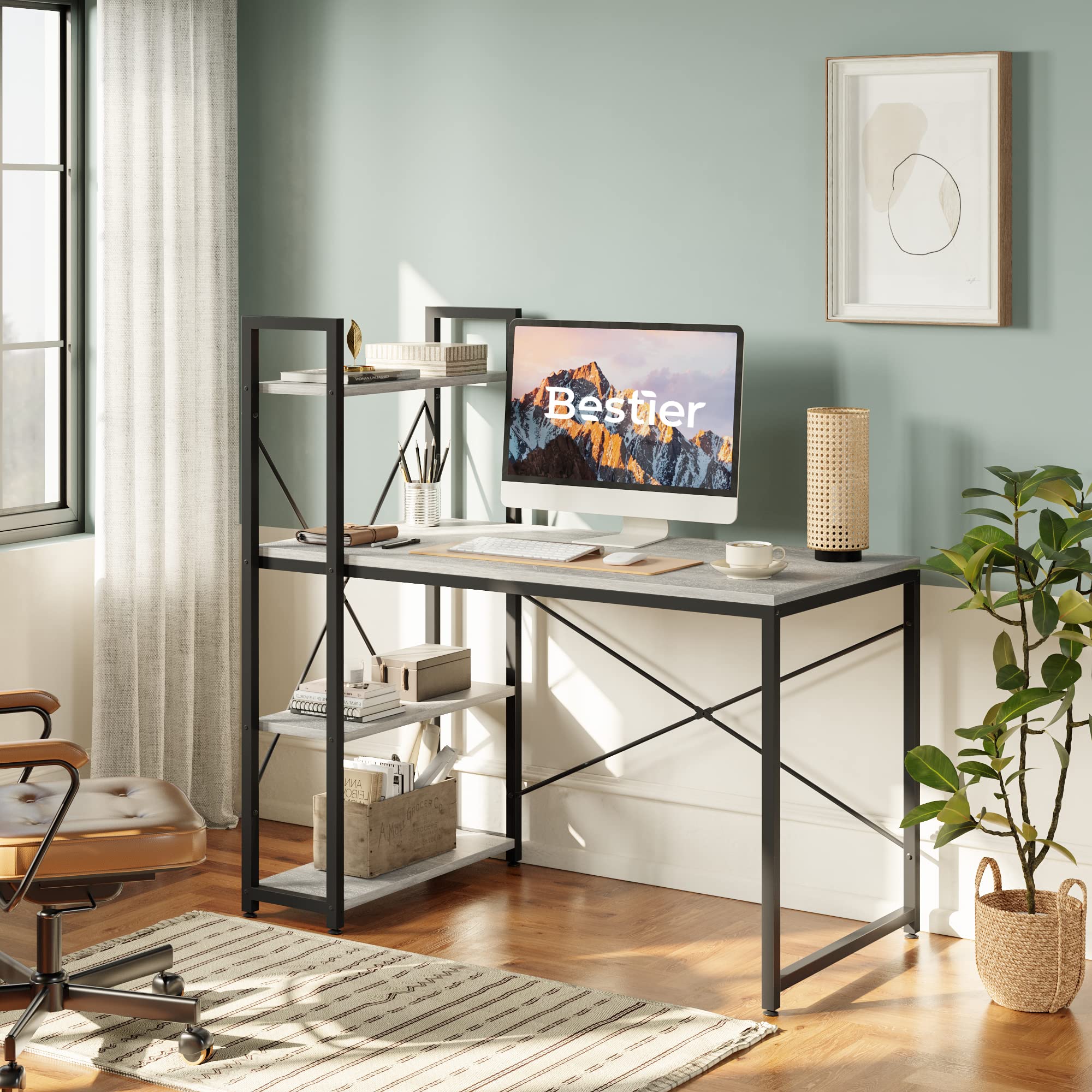 Bestier 47 Inch Home Office Computer Desk with Adjustable Shelves - Sturdy Writing Desk with Reversible Bookshelf & Metal Legs for Small Spaces, Gaming Setup & Studio Work - Wash White Finish for Modern Workspace