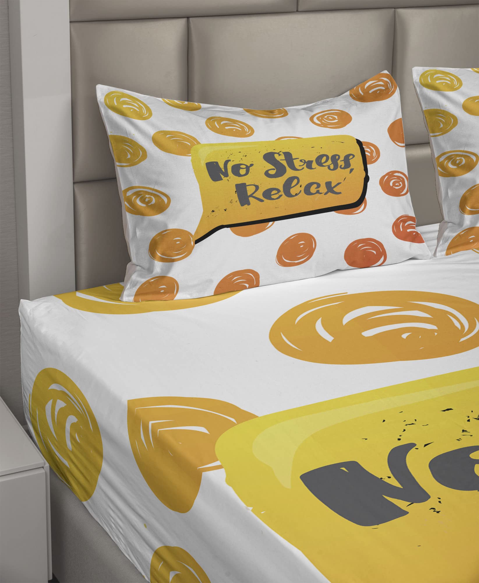 Ambesonne No Stress Relax Phrase Bed Sheet Set - 4 Piece King Size with Fitted Sheet, Flat Sheet & Pillowcases - Vibrant Earth Yellow Orange Speech Bubble Design - Perfect for Stress Relief, Home Decor & Cozy Bedroom Retreat