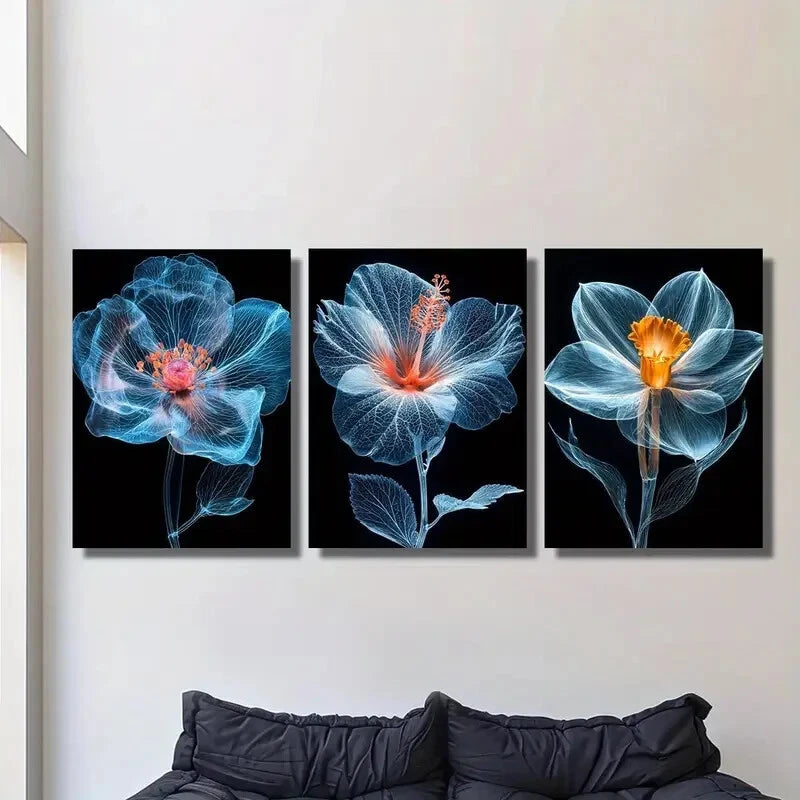 3pcs Translucent Blue Flowers Metal Print Wall Art - Ready to Hang Home Decor for Living Room, Bedroom & Office (12x16 Inches)