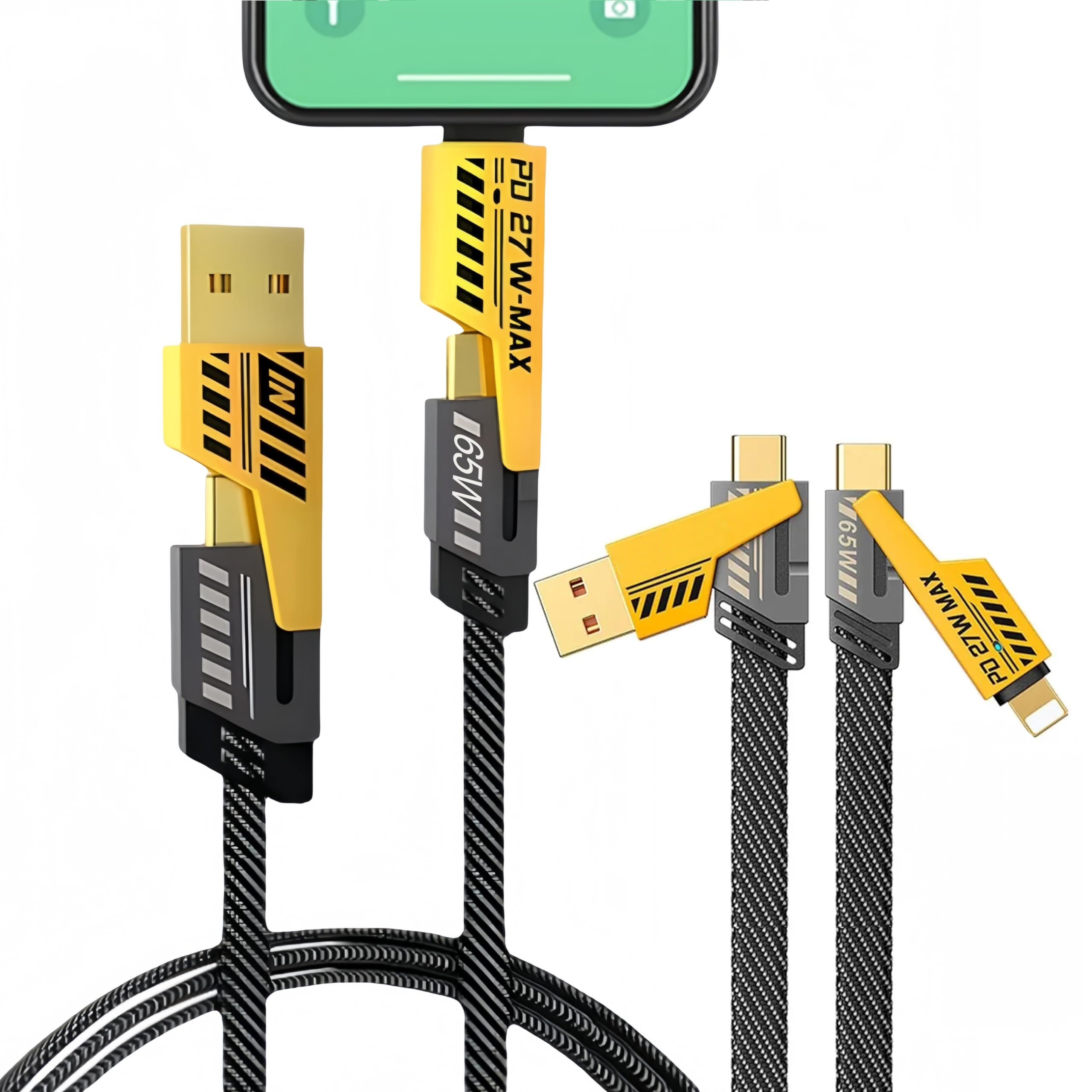 TECHFUN 4-in-1 Multi Charging Cable 120CM [65W] Fast Charger for iPhone 16/15/14/13/12/11 Pro Max, AirPods, iWatch, iPad, MacBook, Samsung S24/S23/S22 & Google Pixel - Perfect for Travel, Office & Home Charging