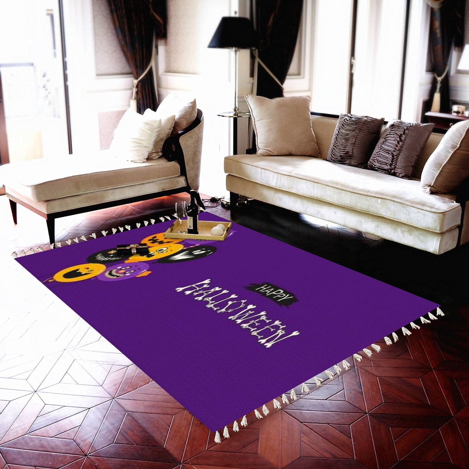 Boho Halloween Party Rug - Spooky Bones Cartoon Design Area Carpet for Patio, Hallway Runner, Living Room & Bedroom - Indoor/Outdoor Minimalist Home Decor | Perfect for Halloween Decorations, Themed Parties & Cozy Home Styling