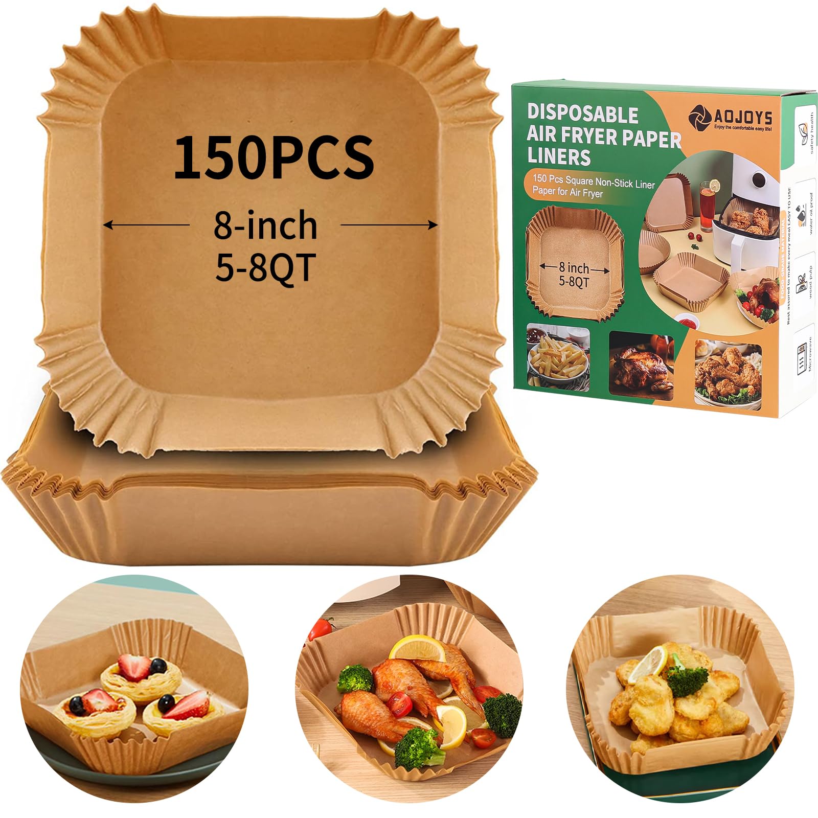 **150-Pack Disposable Air Fryer Liners - 8 Inch Non-Stick Parchment Paper for 5-8QT Air Fryers | Oil-Proof, Microwave Safe | Perfect for Frying, Baking, Roasting & Reheating | Square Shape for Easy Fit**